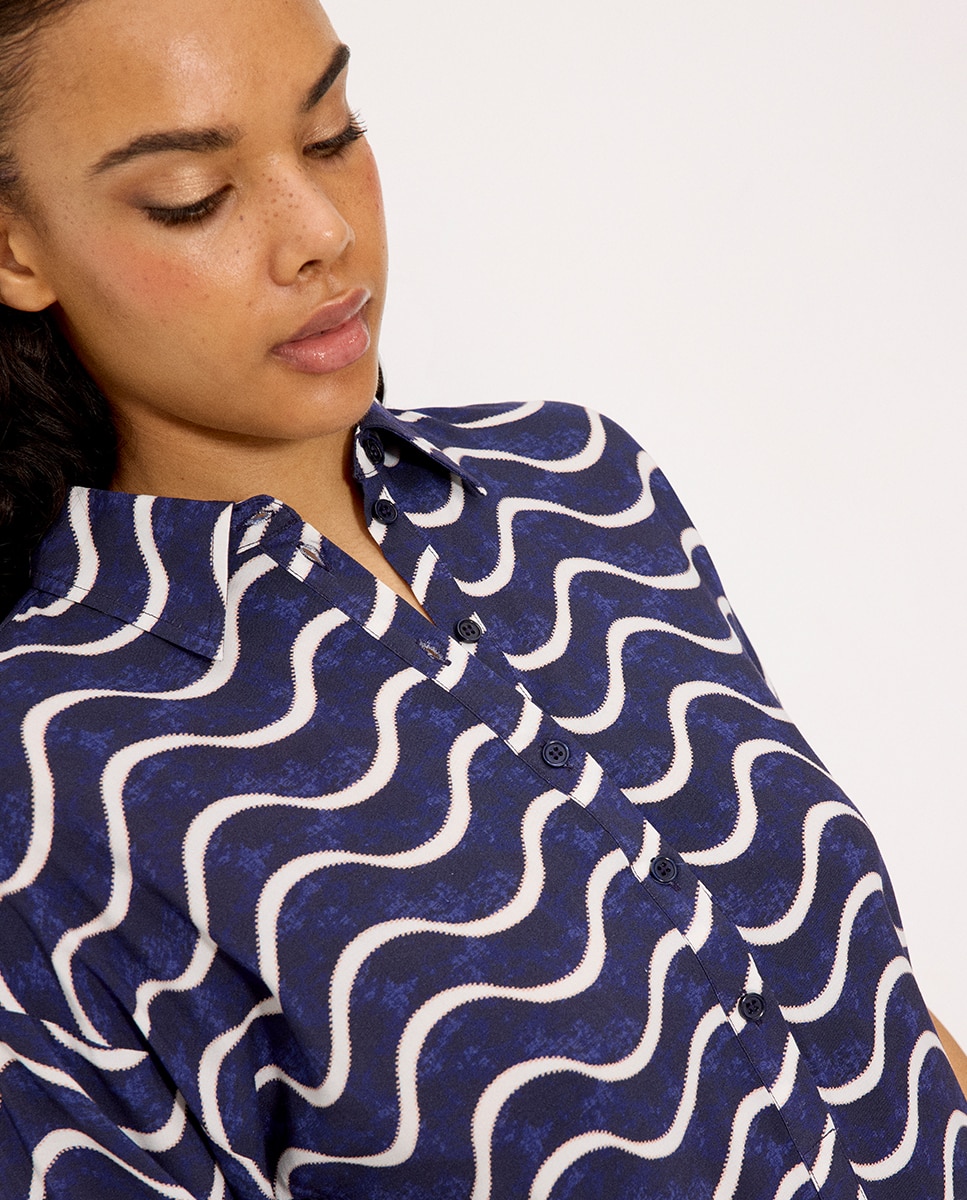 Vestidos de Praia Camisa Comprida Estampada Ondas Azul-escuro-2