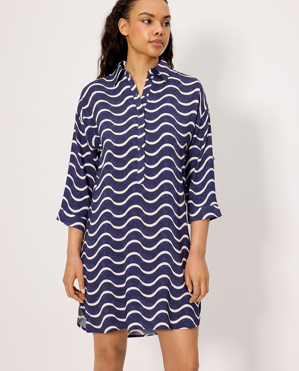 Vestidos de Praia Camisa Comprida Estampada Ondas Azul-escuro-4