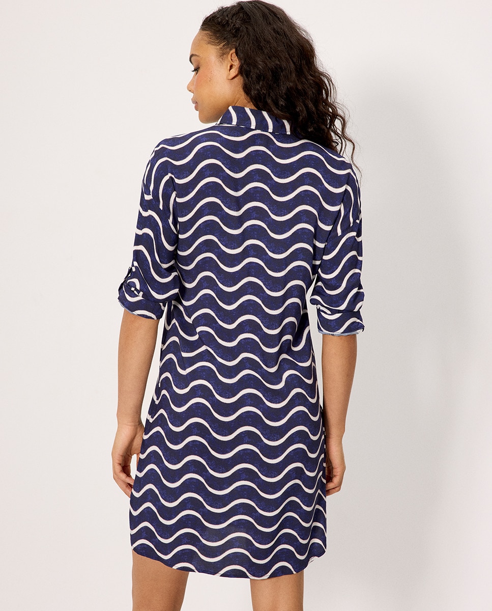 Vestidos de Praia Camisa Comprida Estampada Ondas Azul-escuro-5