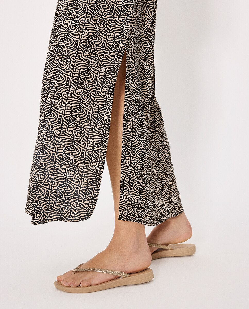 Vestidos de Praia Compridos de Manga Curta Estampados Preto / Branco-3