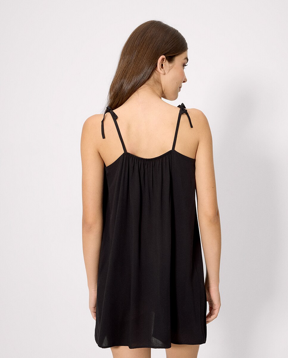 Vestidos de Praia Mini Básico com Alças Anudadas Preto-2
