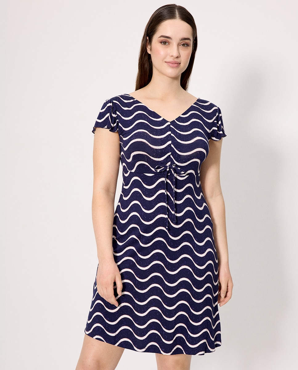 Vestidos de Praia de Manga Curta com Estampado de Ondas Azul-escuro-2