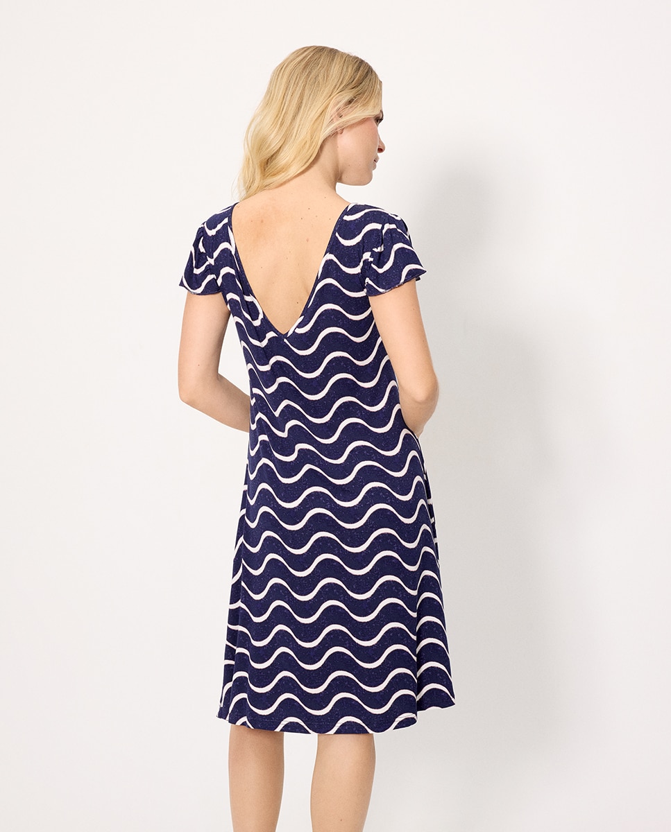 Vestidos de Praia de Manga Curta com Estampado de Ondas Azul-escuro-3