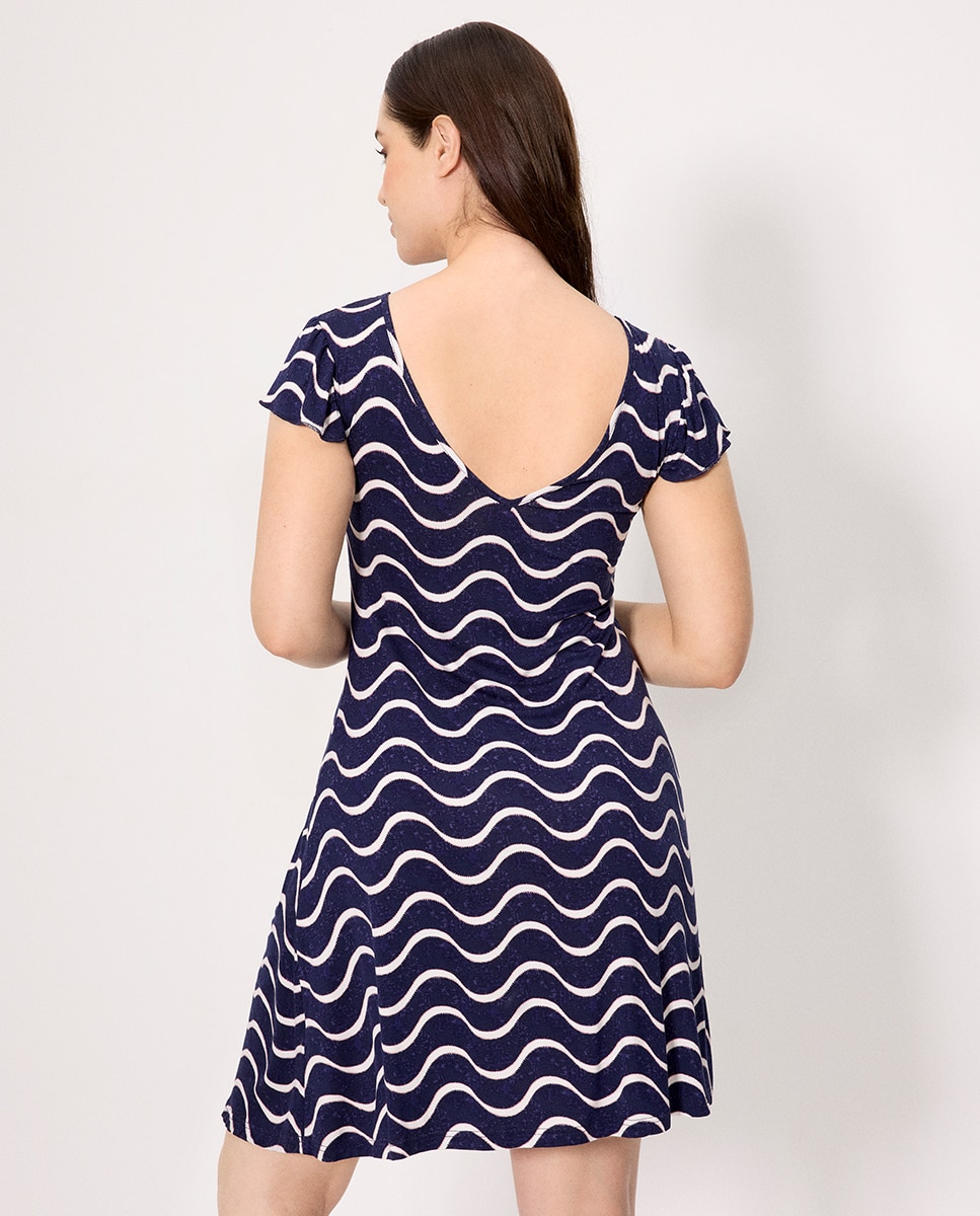Vestidos de Praia de Manga Curta com Estampado de Ondas Azul-escuro-4