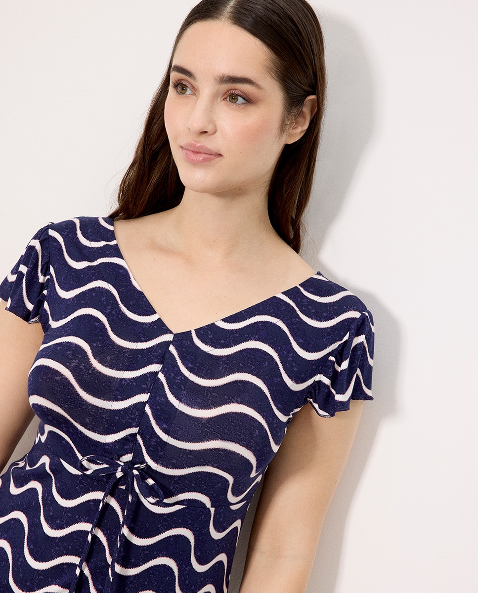 Vestidos de Praia de Manga Curta com Estampado de Ondas Azul-escuro-6