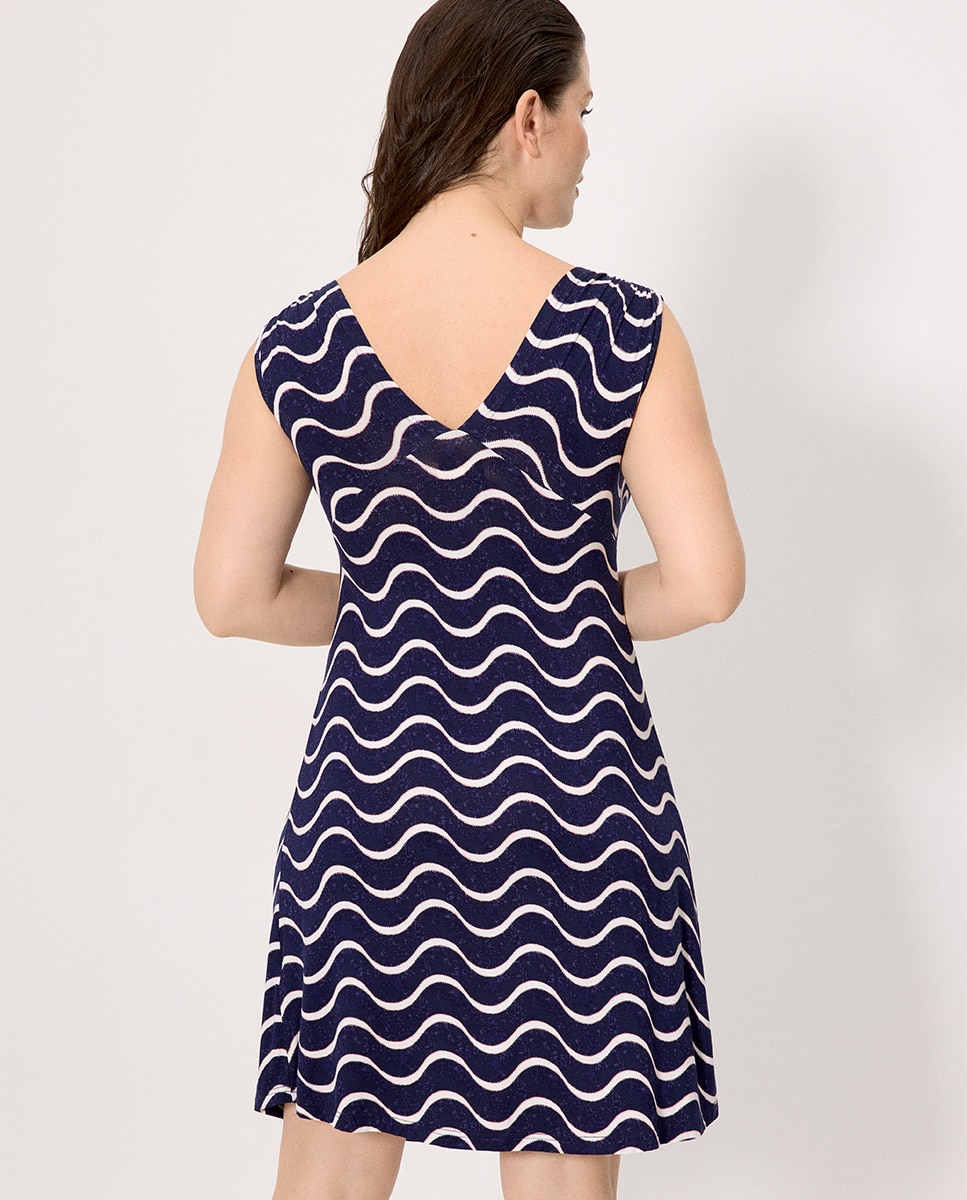 Vestidos de Praia Curto com Decote em V e Estampado Ondas Azul-escuro-2