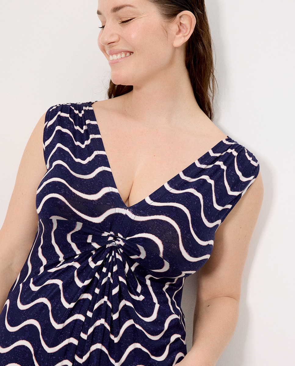 Vestidos de Praia Curto com Decote em V e Estampado Ondas Azul-escuro-4