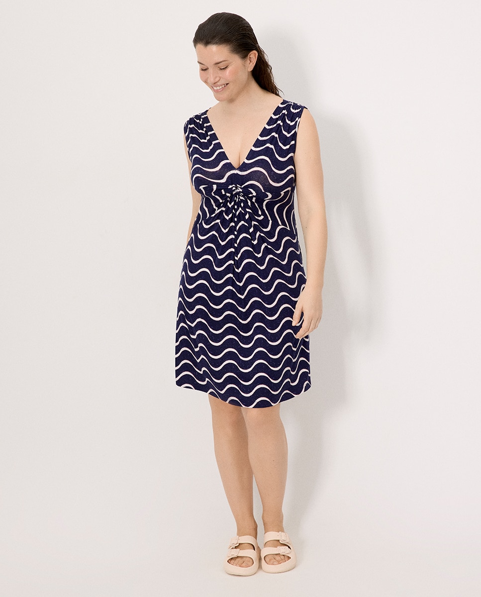 Vestidos de Praia Curto com Decote em V e Estampado Ondas Azul-escuro-5