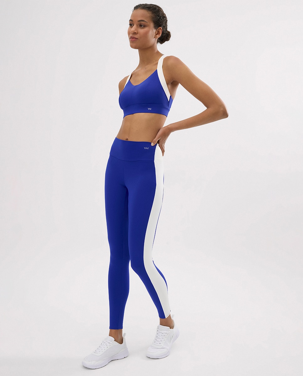 Leggings Desportivos Compridos Efeito Push-up com Faixa em Contraste Azul / Branco-4