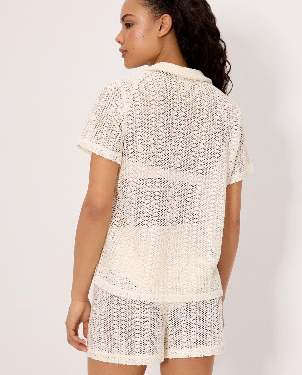 Vestidos de Praia Tipo Camisa de Manga Curta Perfurada em Bege Bege-2