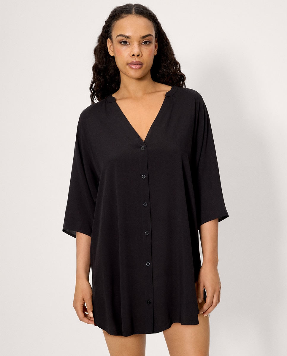 Vestidos de Praia Tipo Camisa Comprida de Manga Média Preto-1