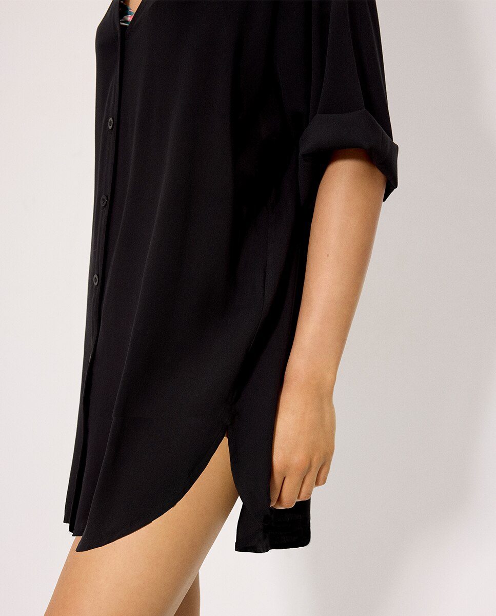 Vestidos de Praia Tipo Camisa Comprida de Manga Média Preto-4