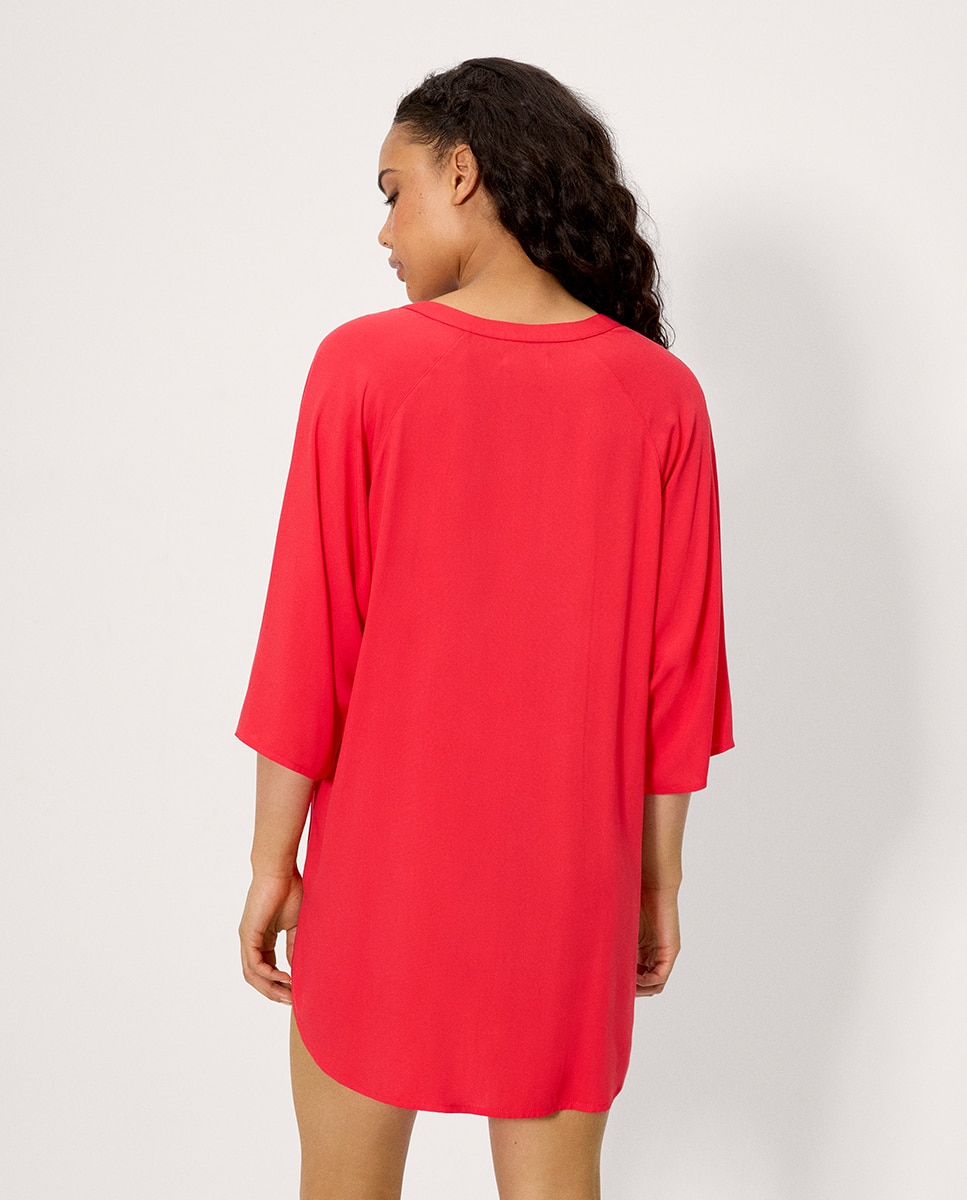 Vestidos de Praia Tipo Camisa Comprida de Manga Média Coral-2
