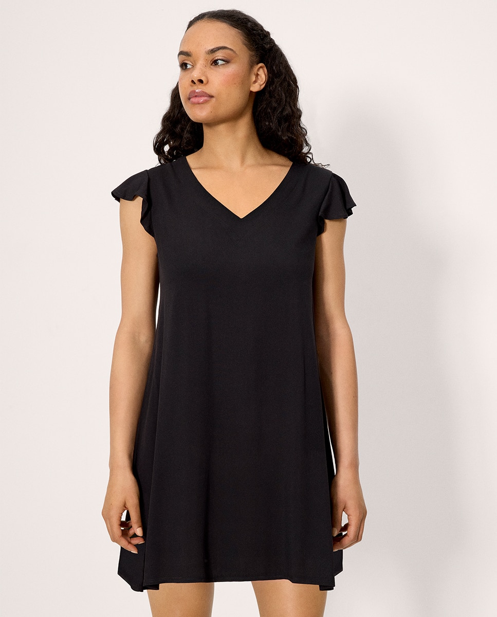 Vestidos de Praia Curto com Gola em V Preto-1