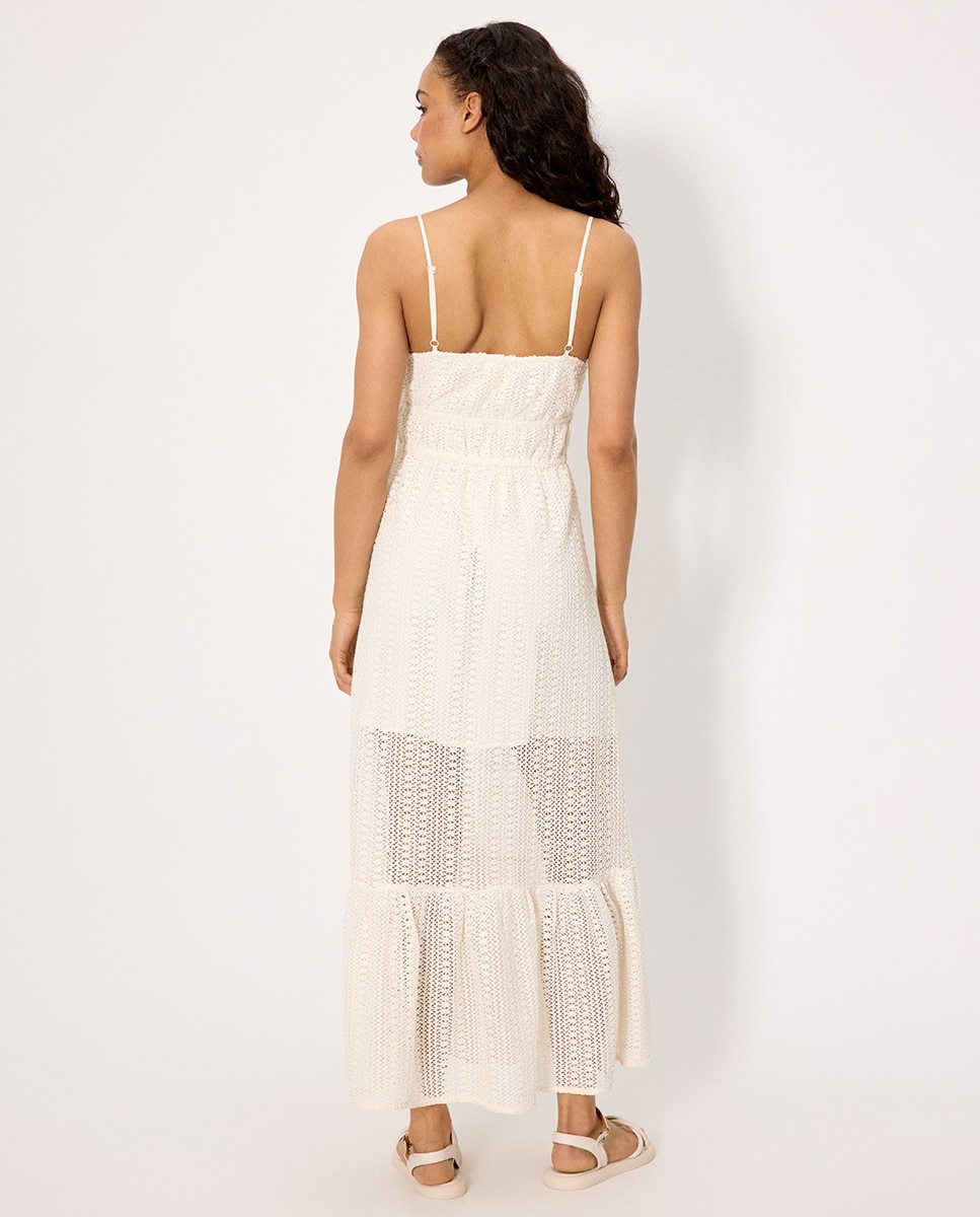 Vestidos de Praia Comprido Perfurado com Forro Interior Bege-2