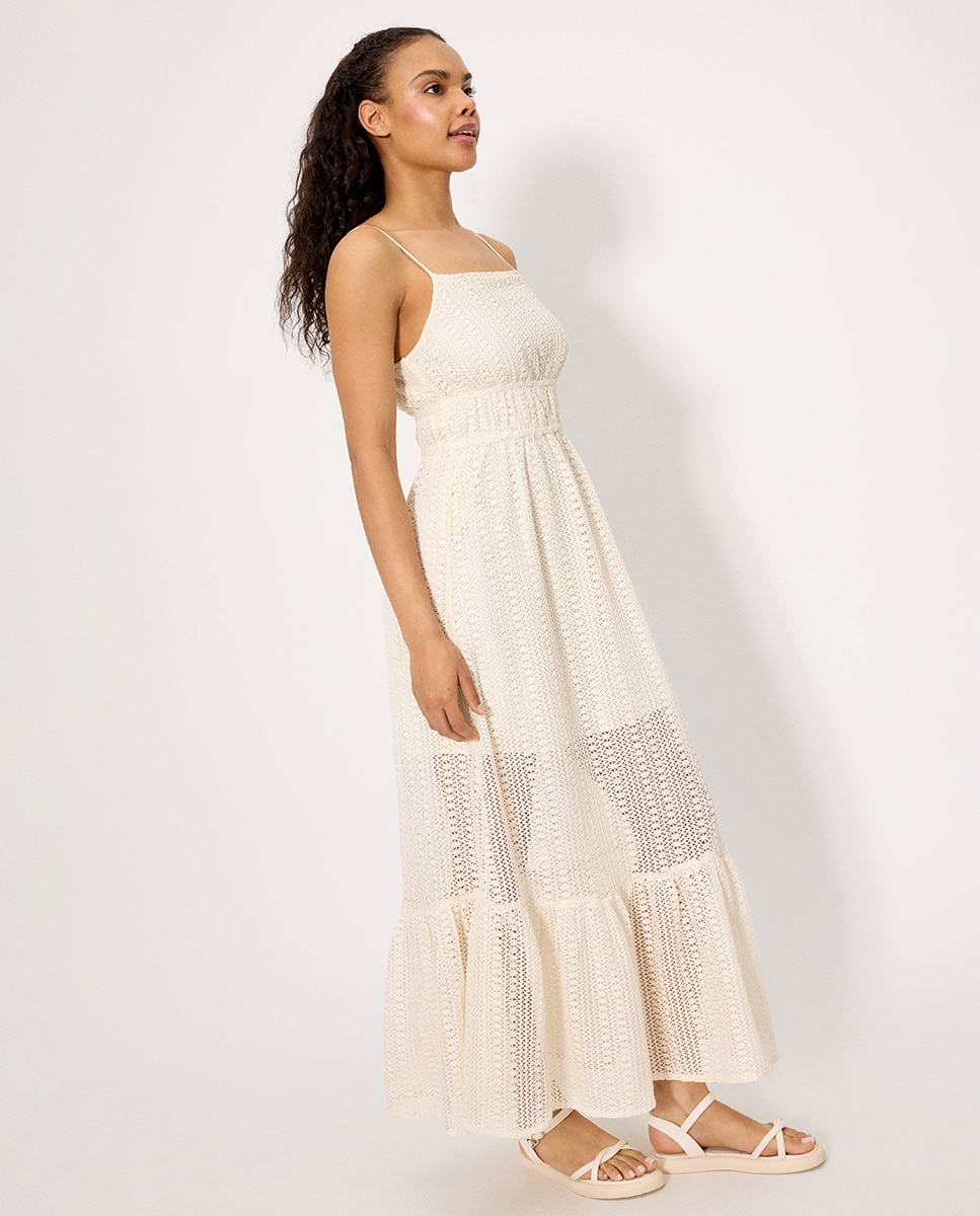 Vestidos de Praia Comprido Perfurado com Forro Interior Bege-3