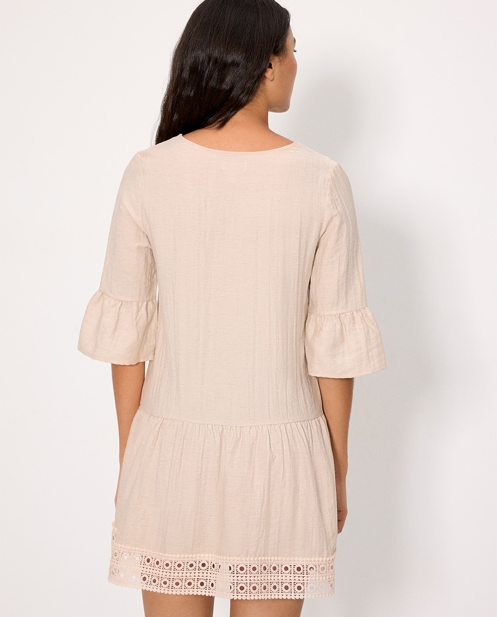 Vestidos de Praia Curto Manga Média com Linho Bege-3