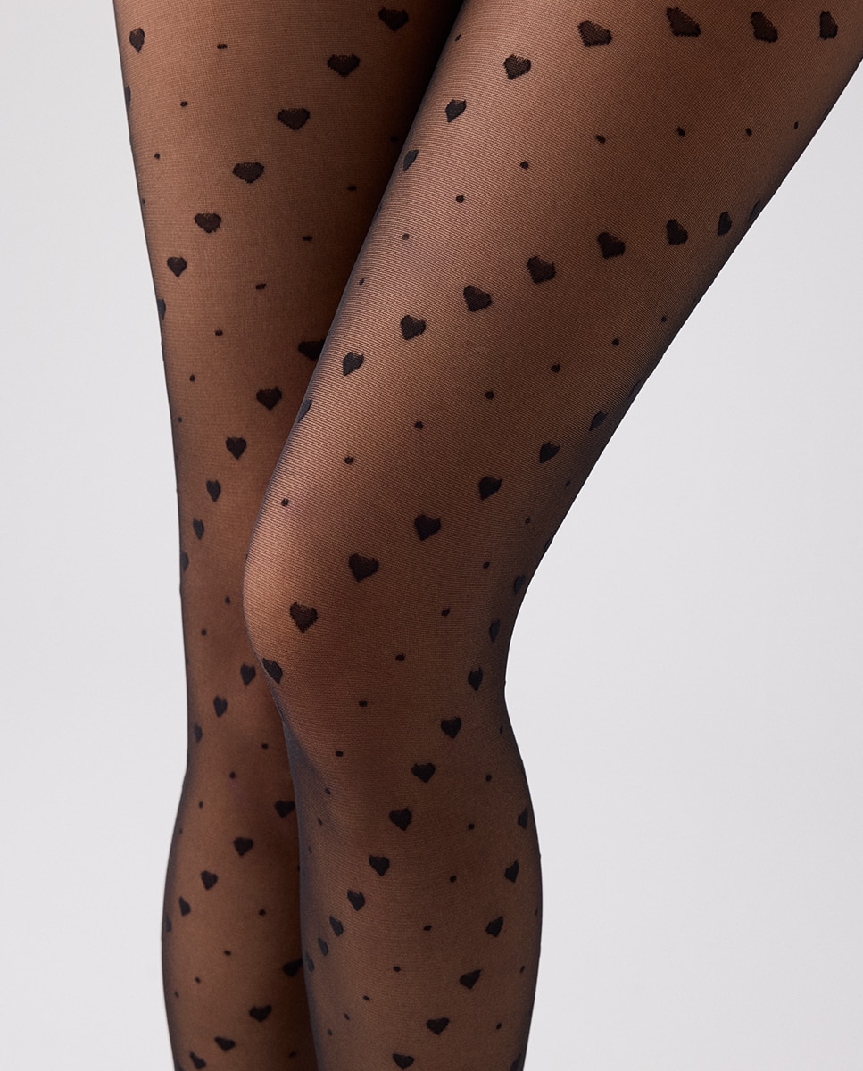 Collants 20 Denier com Estampado de Bolinhas e Corações Preto-3