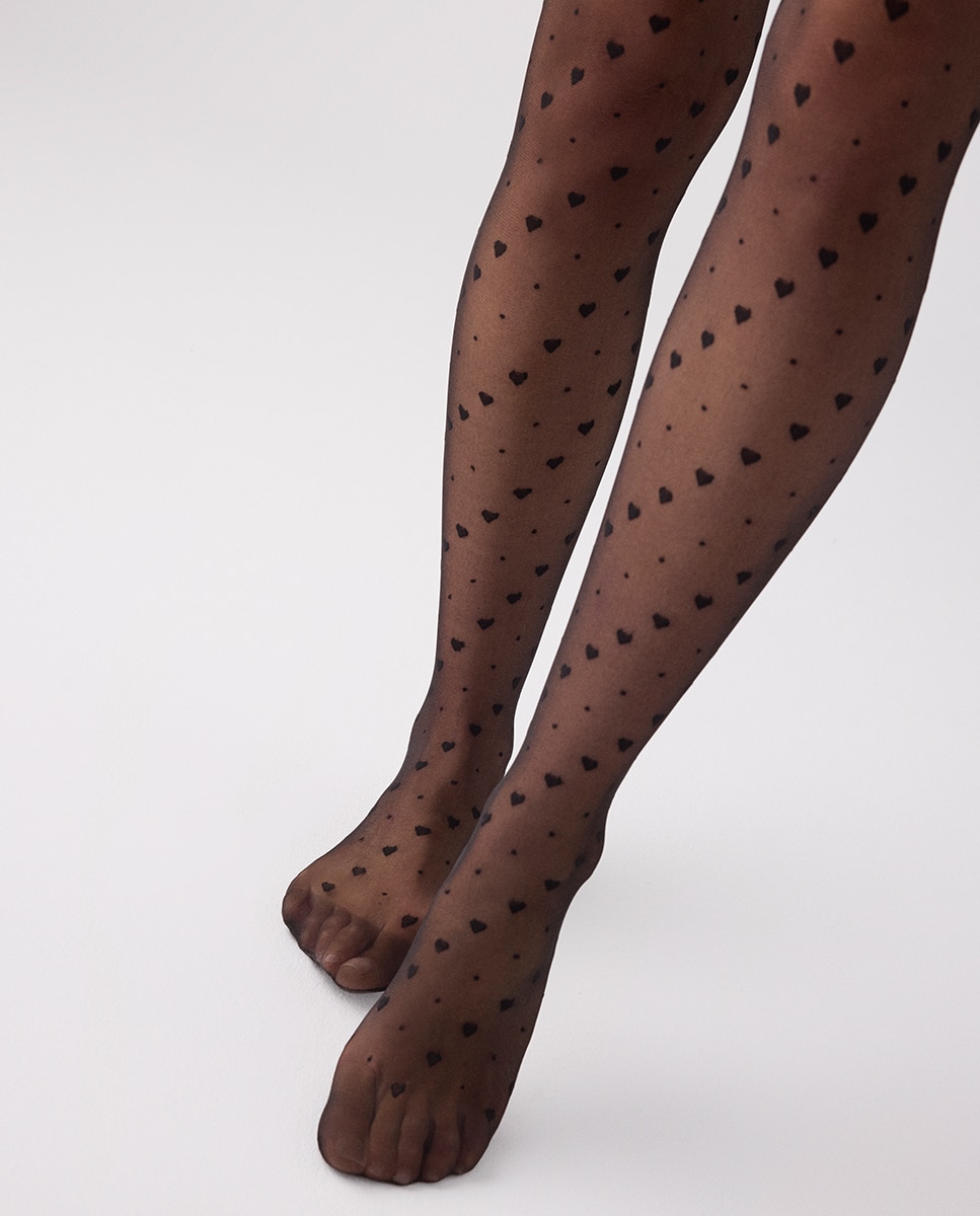 Collants 20 Denier com Estampado de Bolinhas e Corações Preto-4