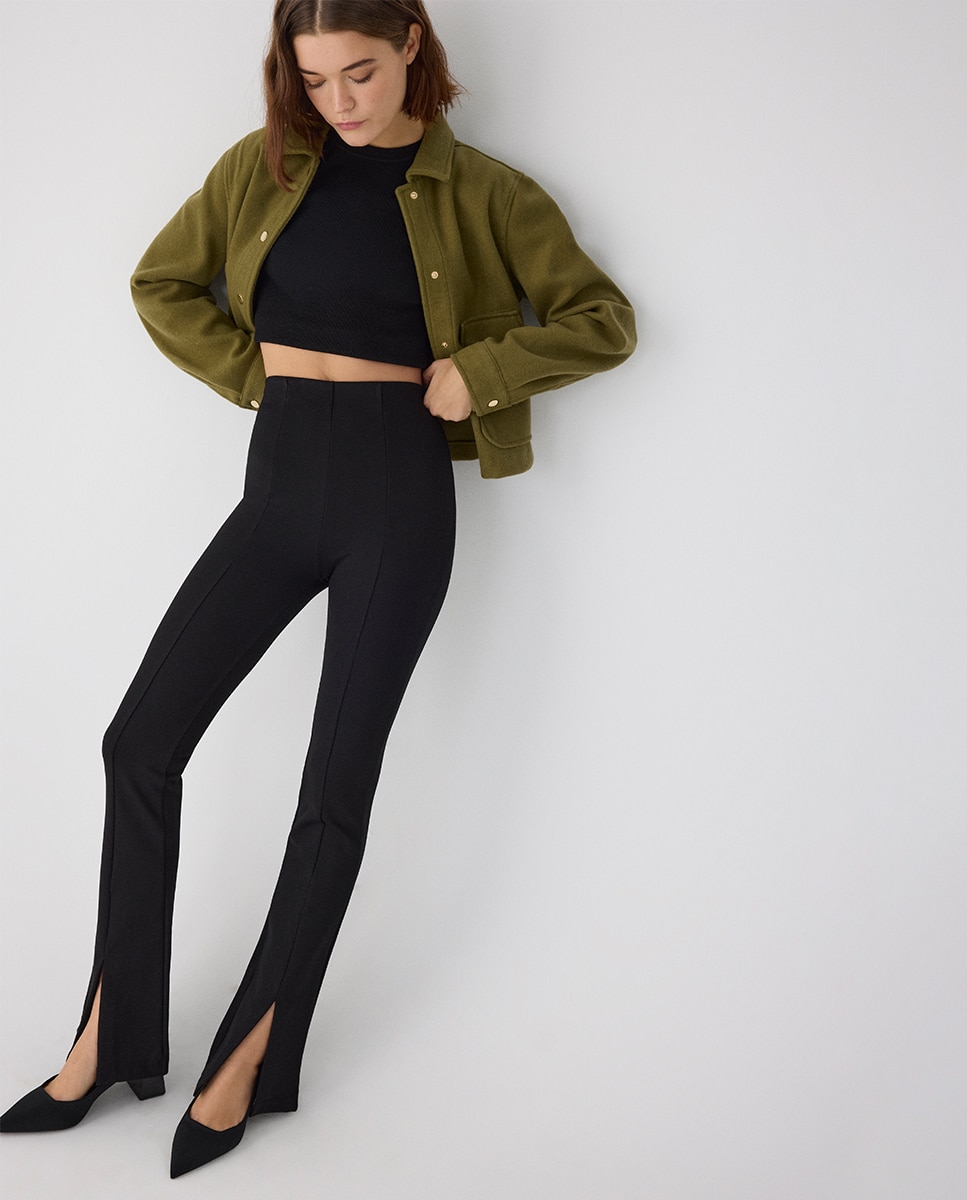 Leggings Moldeadores À Boca de Sino com Aberturas Preto-2