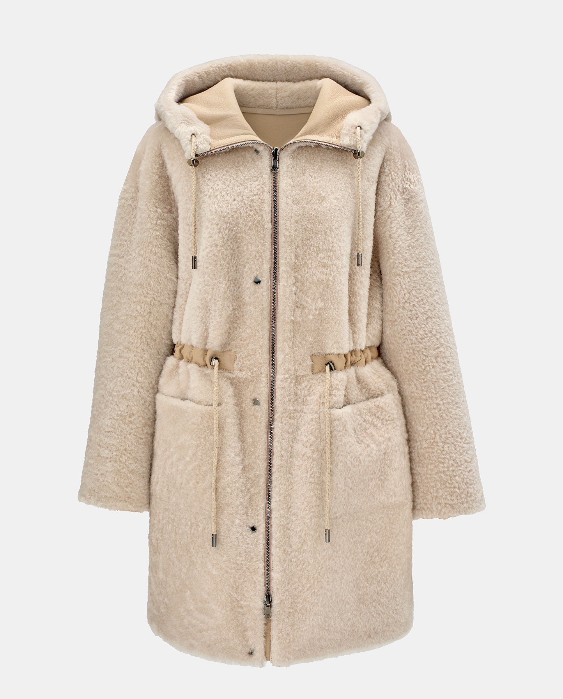 Parka Gola de Pele de Cordeiro Branco-marfim-3