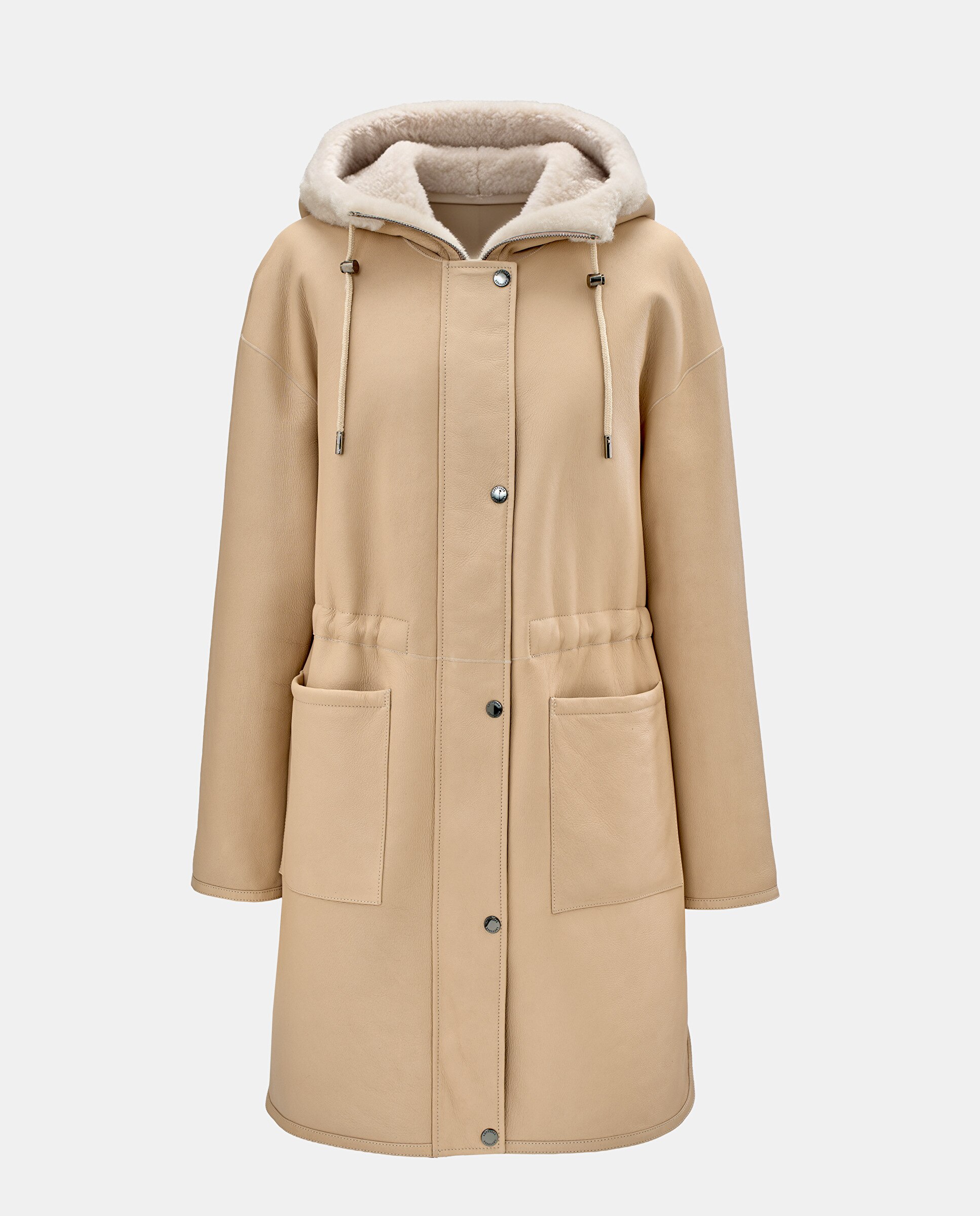 Parka Gola de Pele de Cordeiro Branco-marfim-4