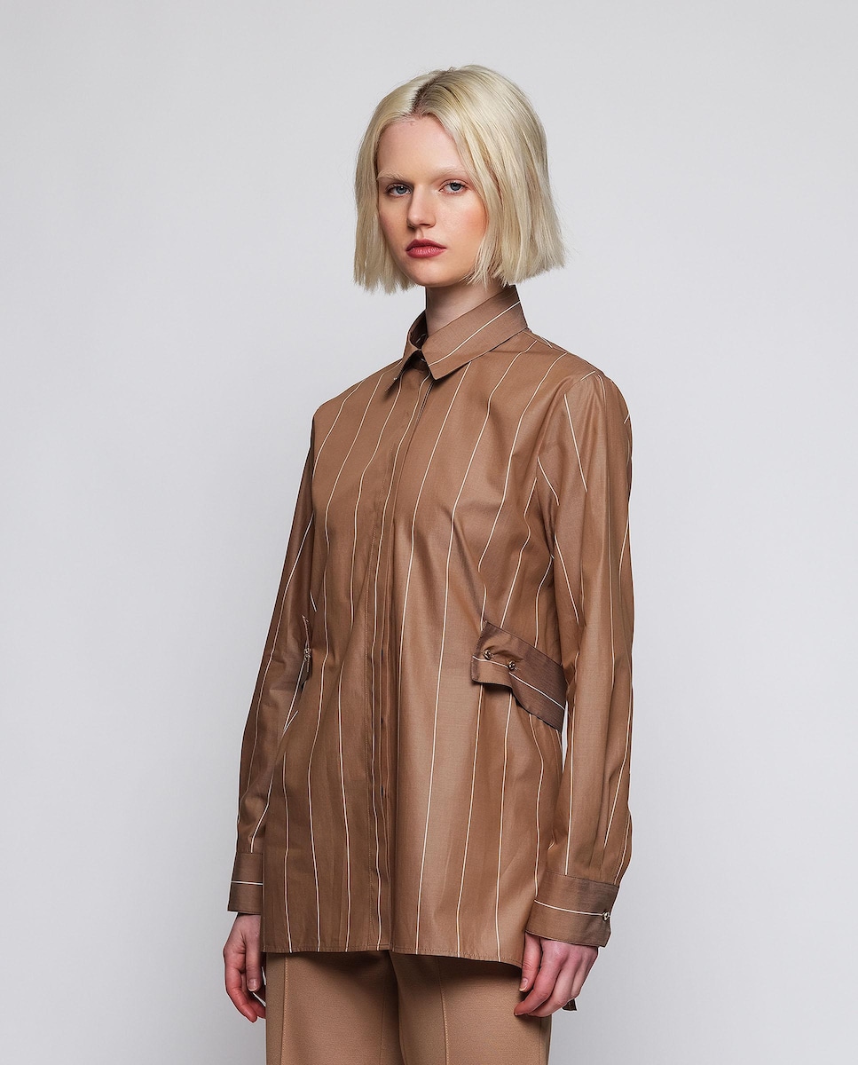 Camisa Às Riscas em Algodão Camel-1