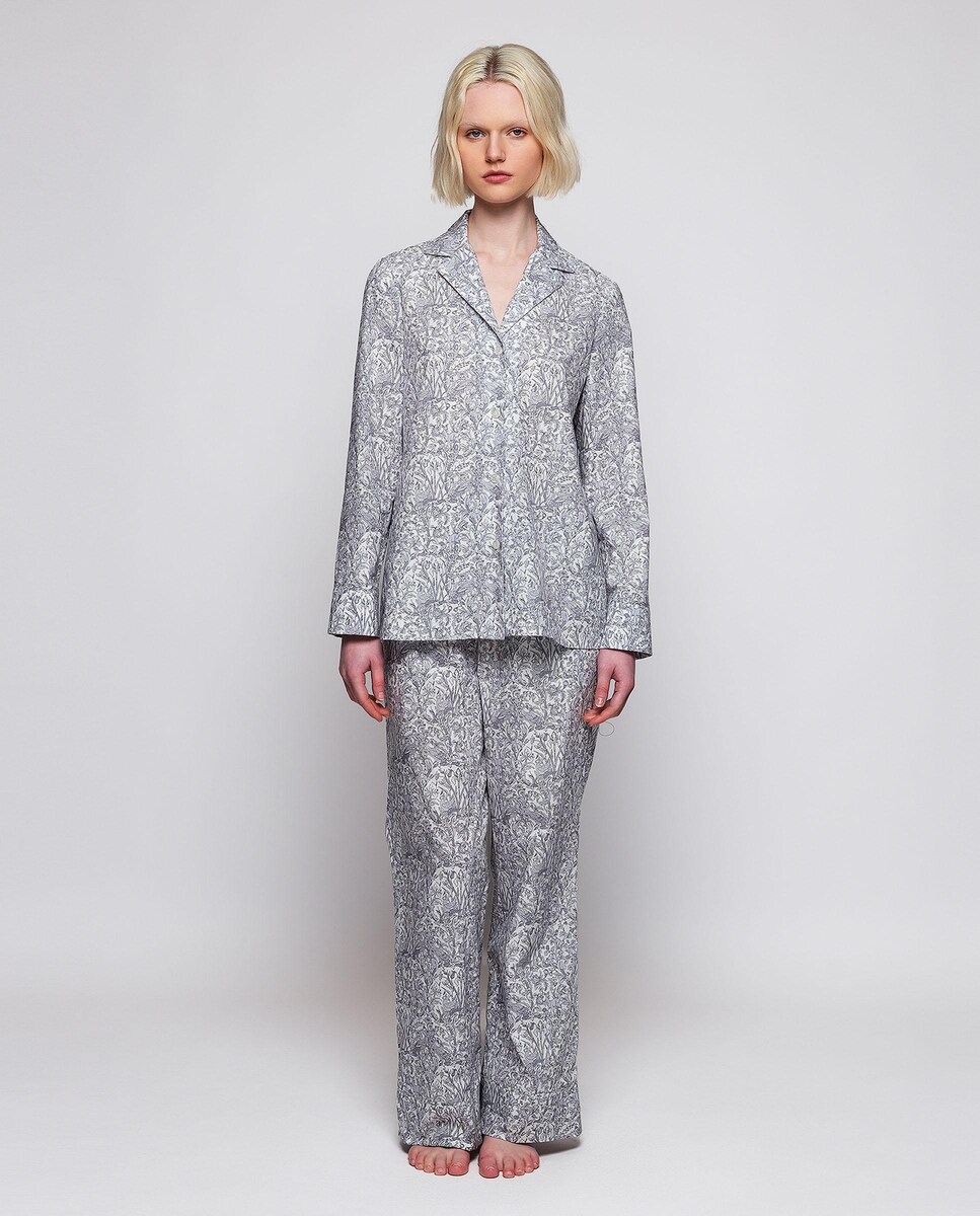 Pijama Completo Comprido em Algodão com Estampado Floral Cinzento-claro-1