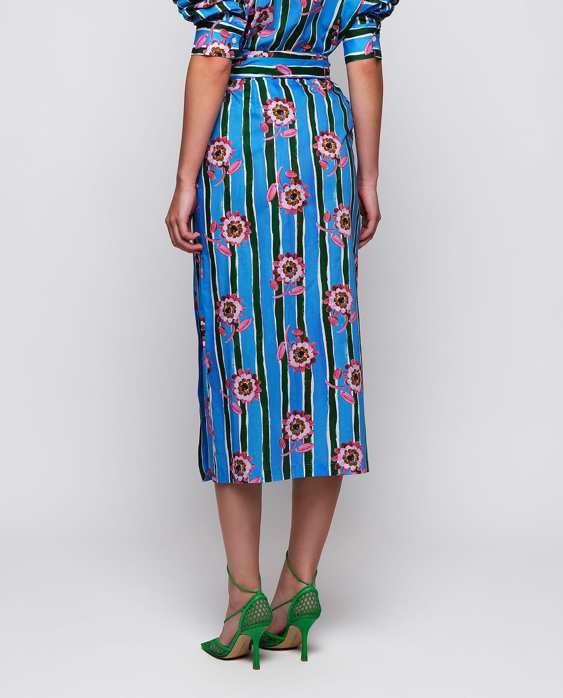 Saia Midi Pareo com Estampado Às Riscas e Flores Algodão Azul / Verde-2
