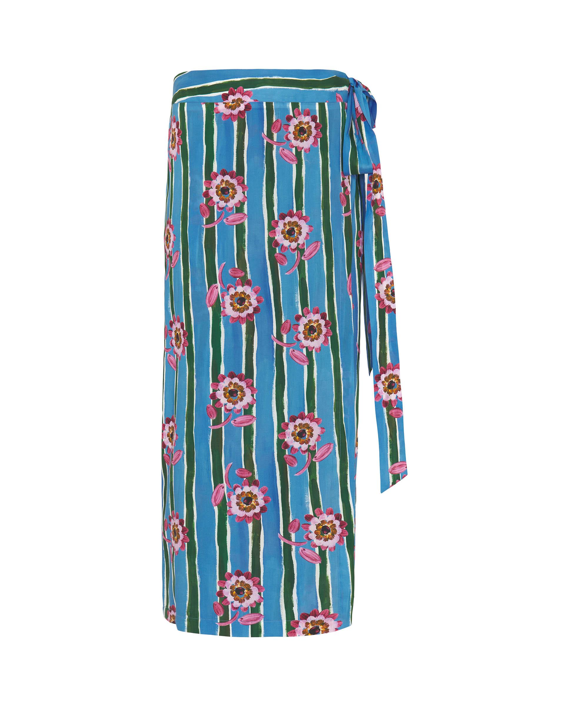 Saia Midi Pareo com Estampado Às Riscas e Flores Algodão Azul / Verde-3