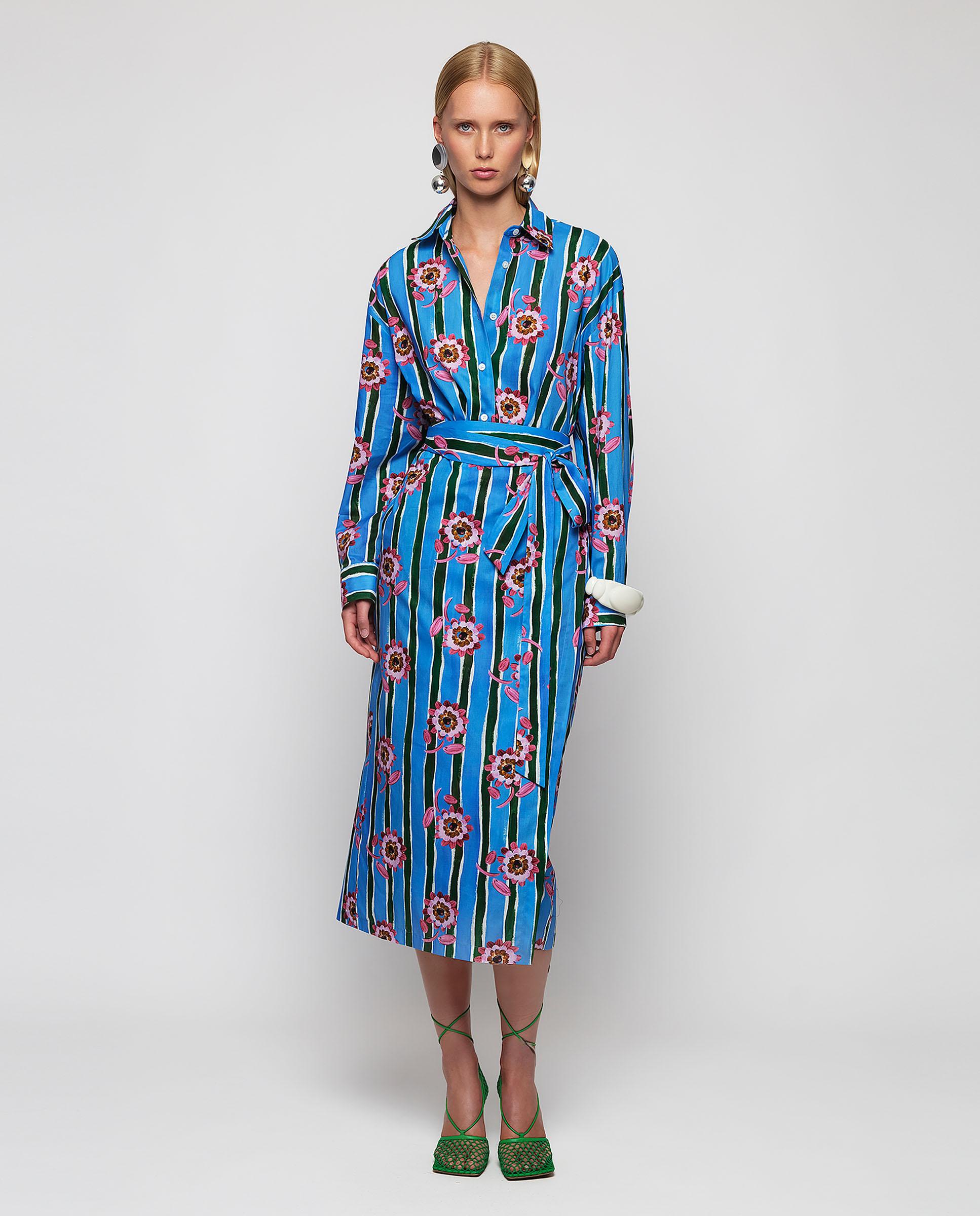 Saia Midi Pareo com Estampado Às Riscas e Flores Algodão Azul / Verde-4