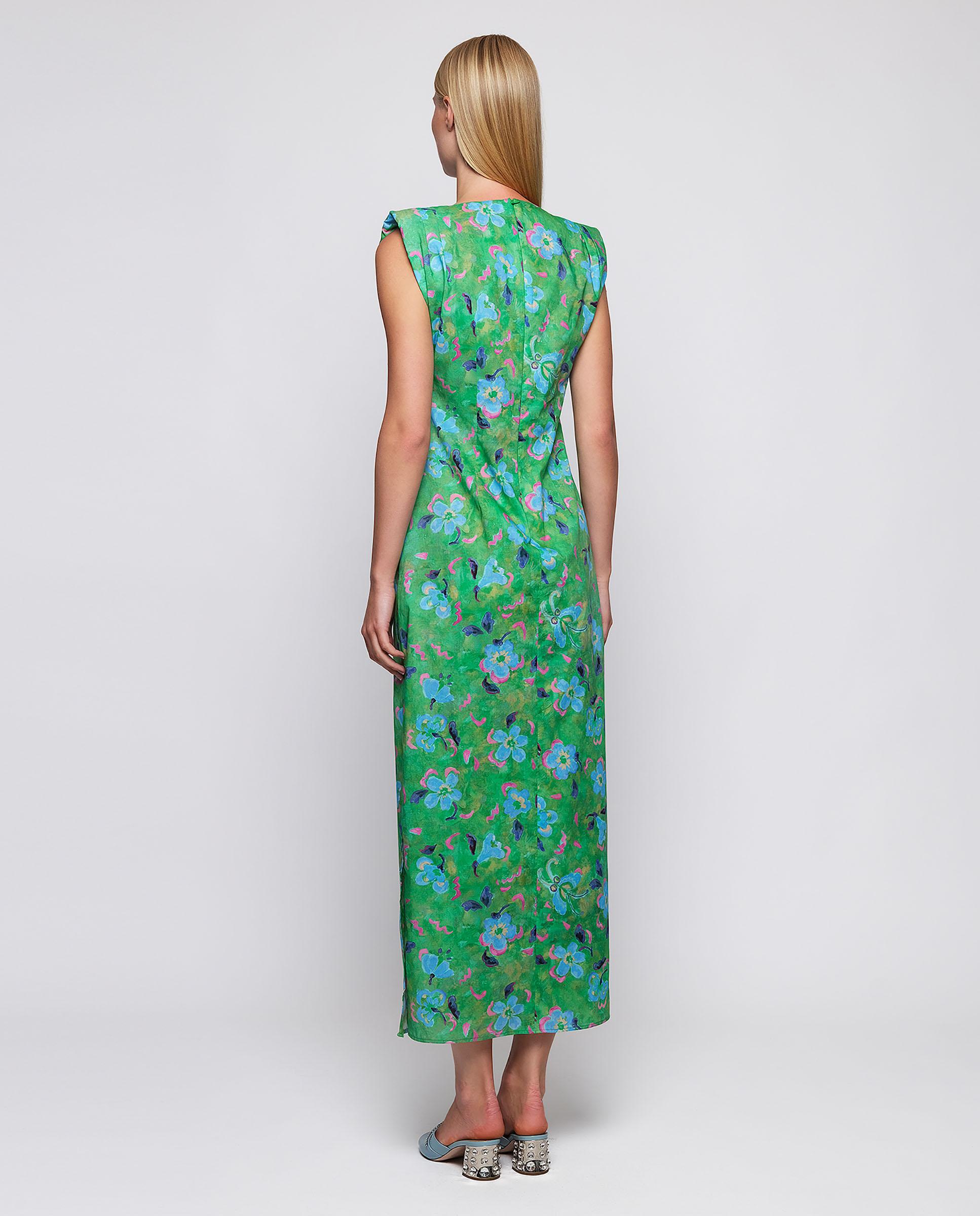 Vestido Comprido Drapeado com Estampado Floral de Algodão Verde-2