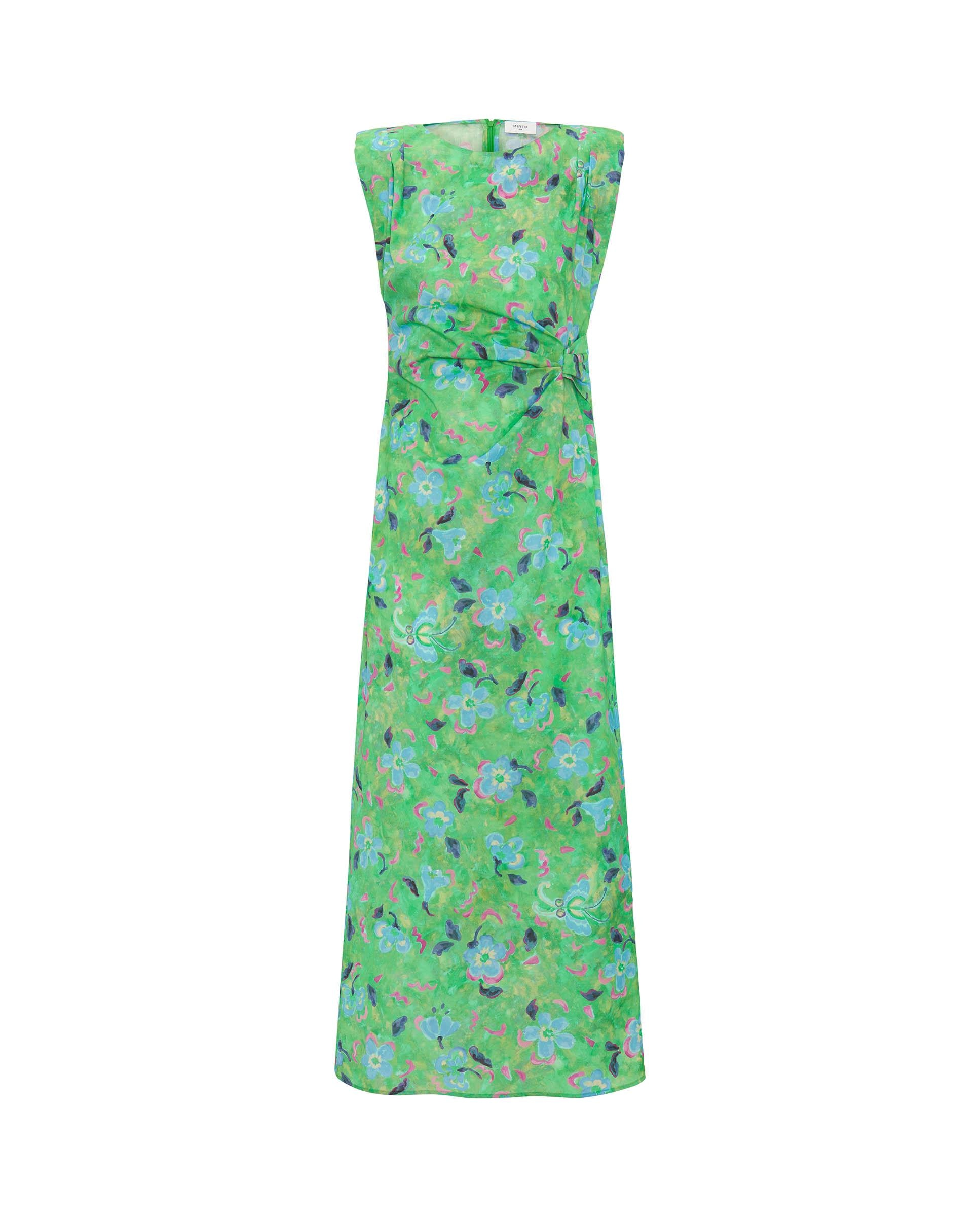 Vestido Comprido Drapeado com Estampado Floral de Algodão Verde-3