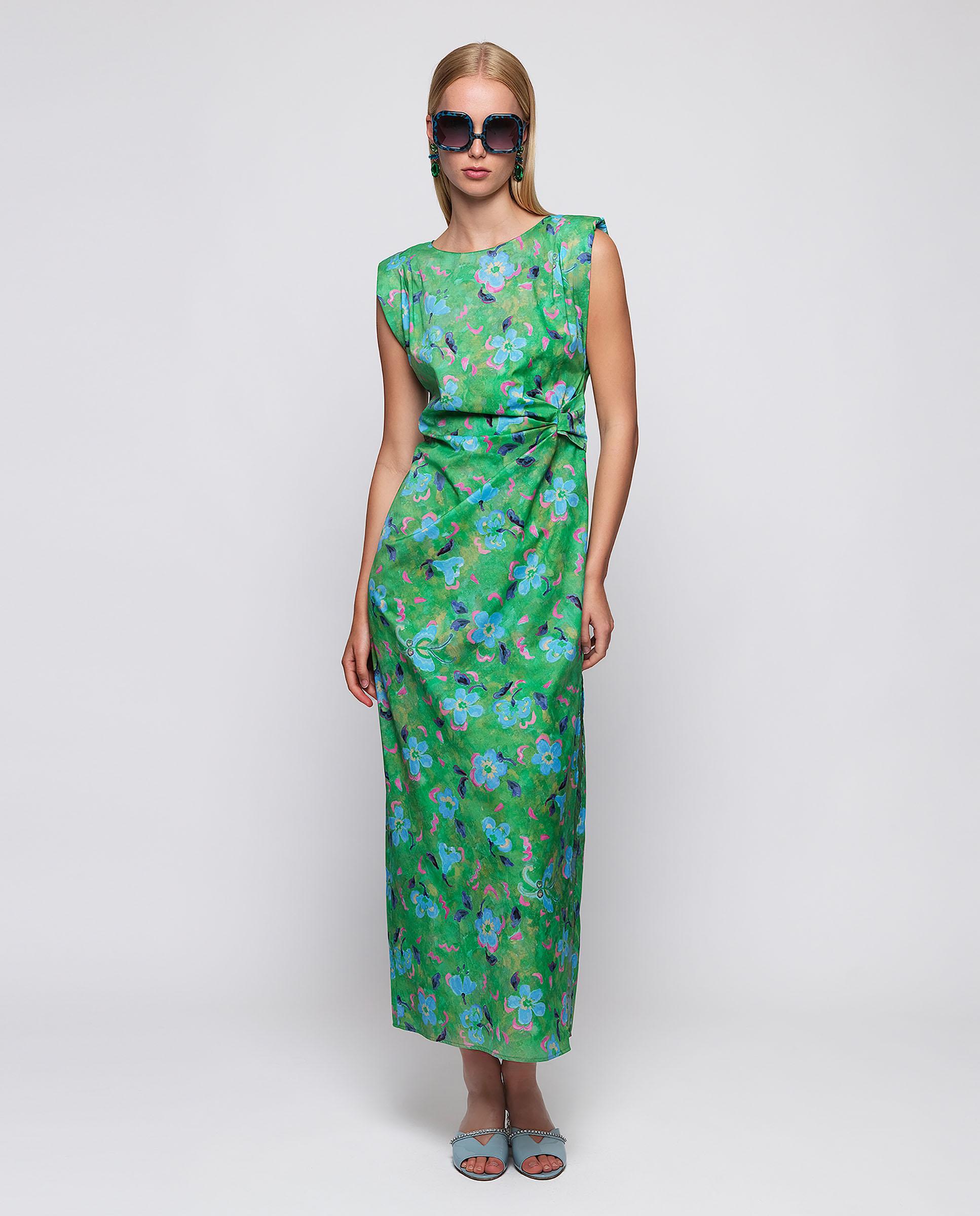 Vestido Comprido Drapeado com Estampado Floral de Algodão Verde-4