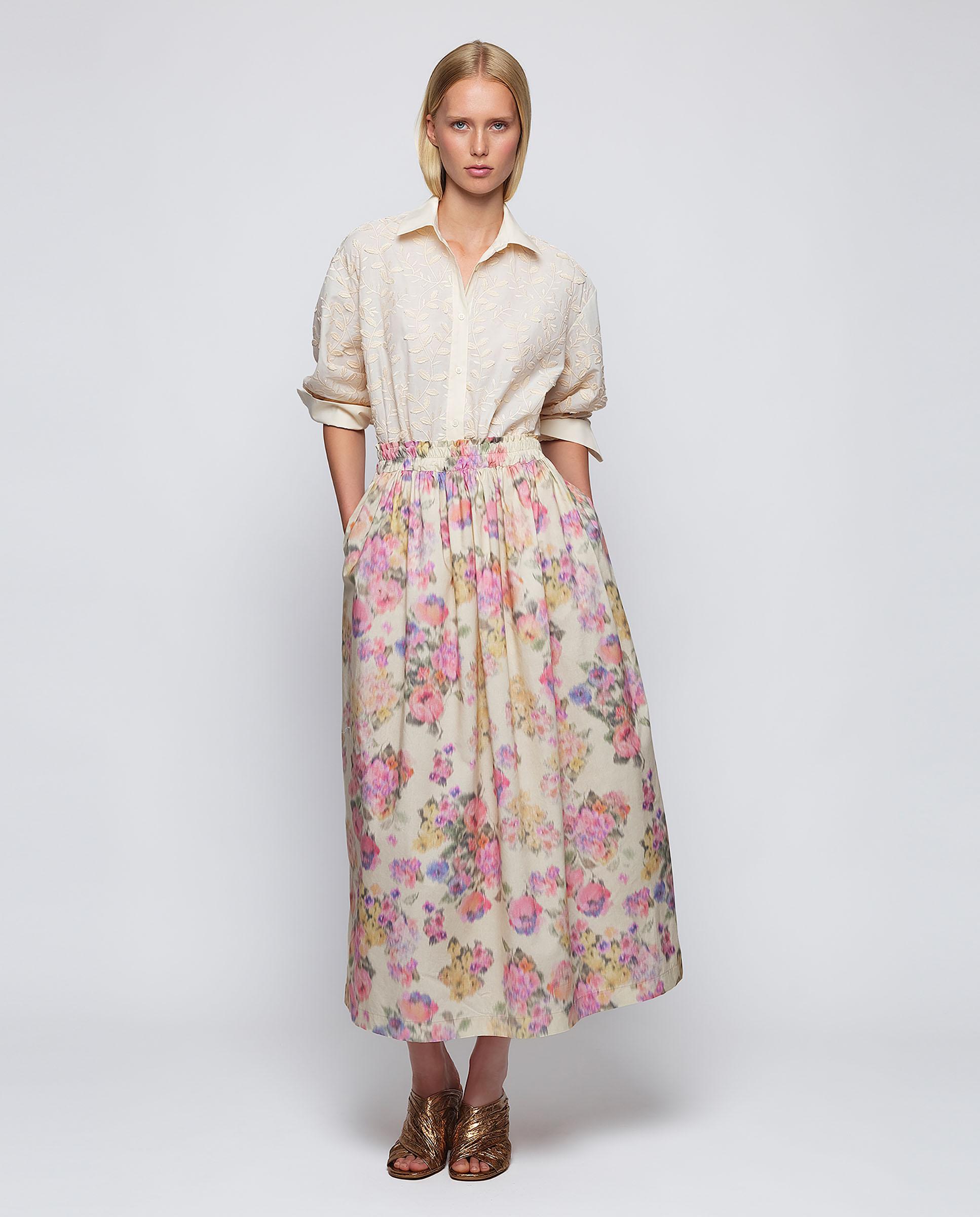 Saia Midi de Algodão com Estampado Floral Bege/Rosa-4