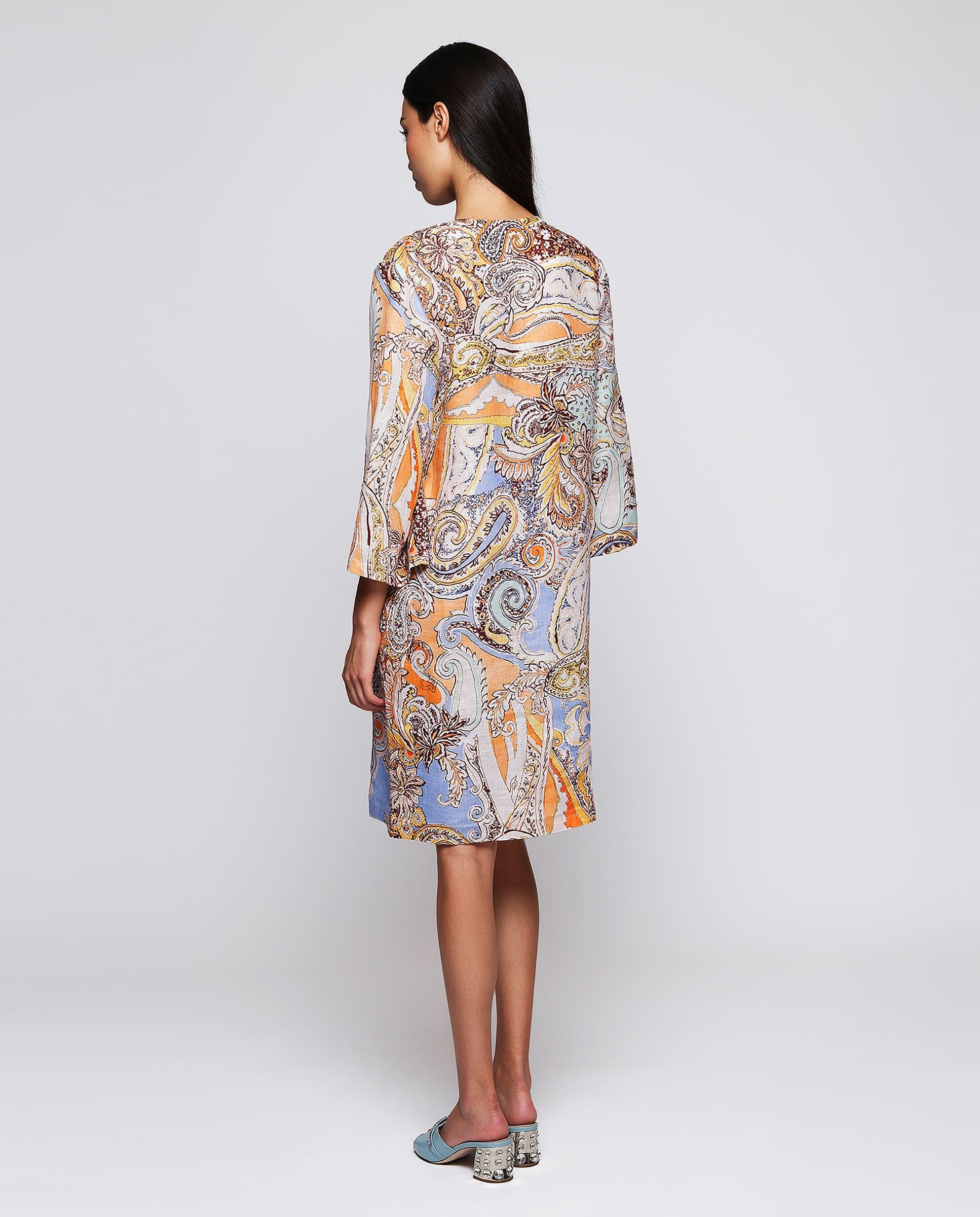 Vestido Curto com Estampado Paisley de Linho Azul-marinho / Laranja-2