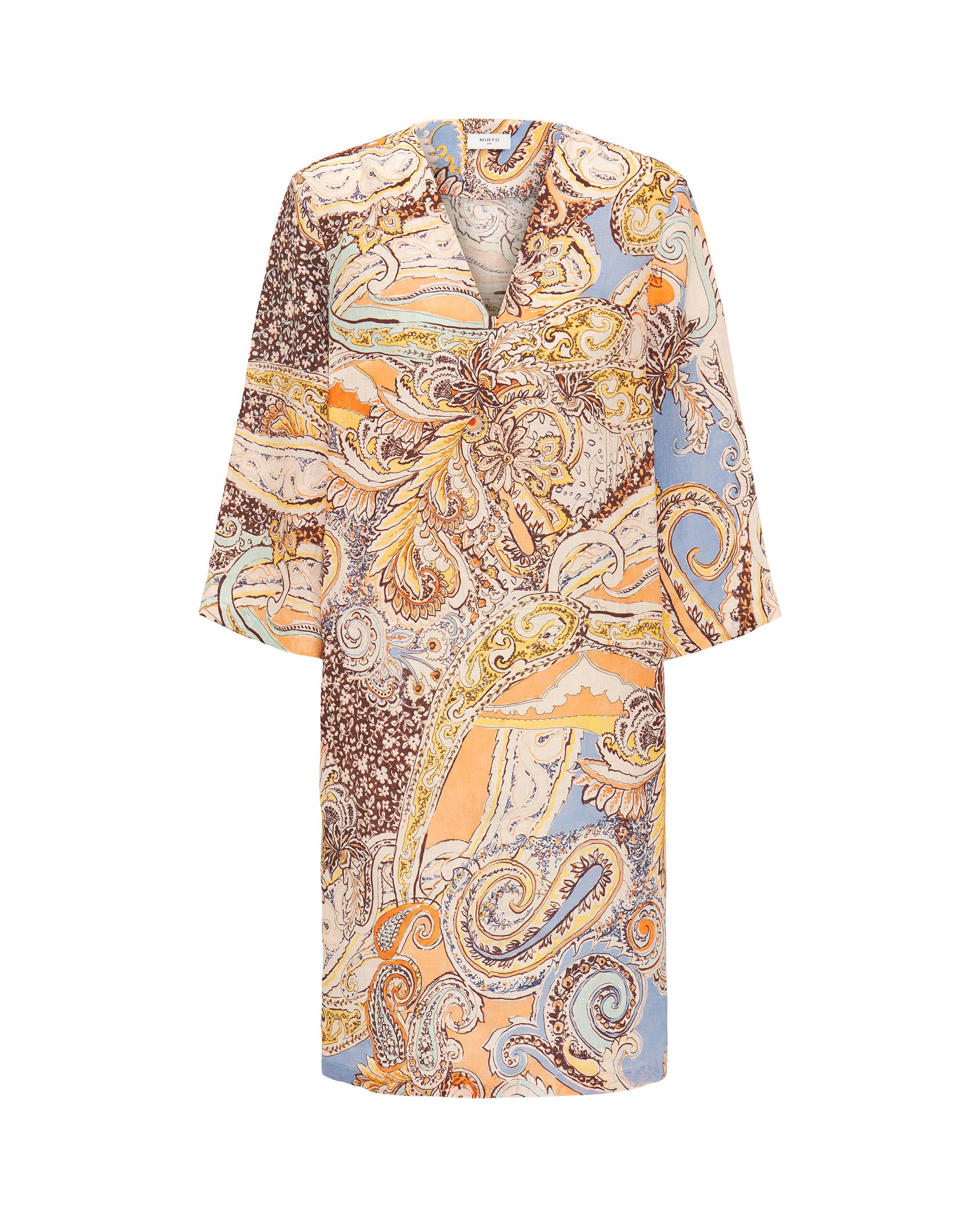 Vestido Curto com Estampado Paisley de Linho Azul-marinho / Laranja-3