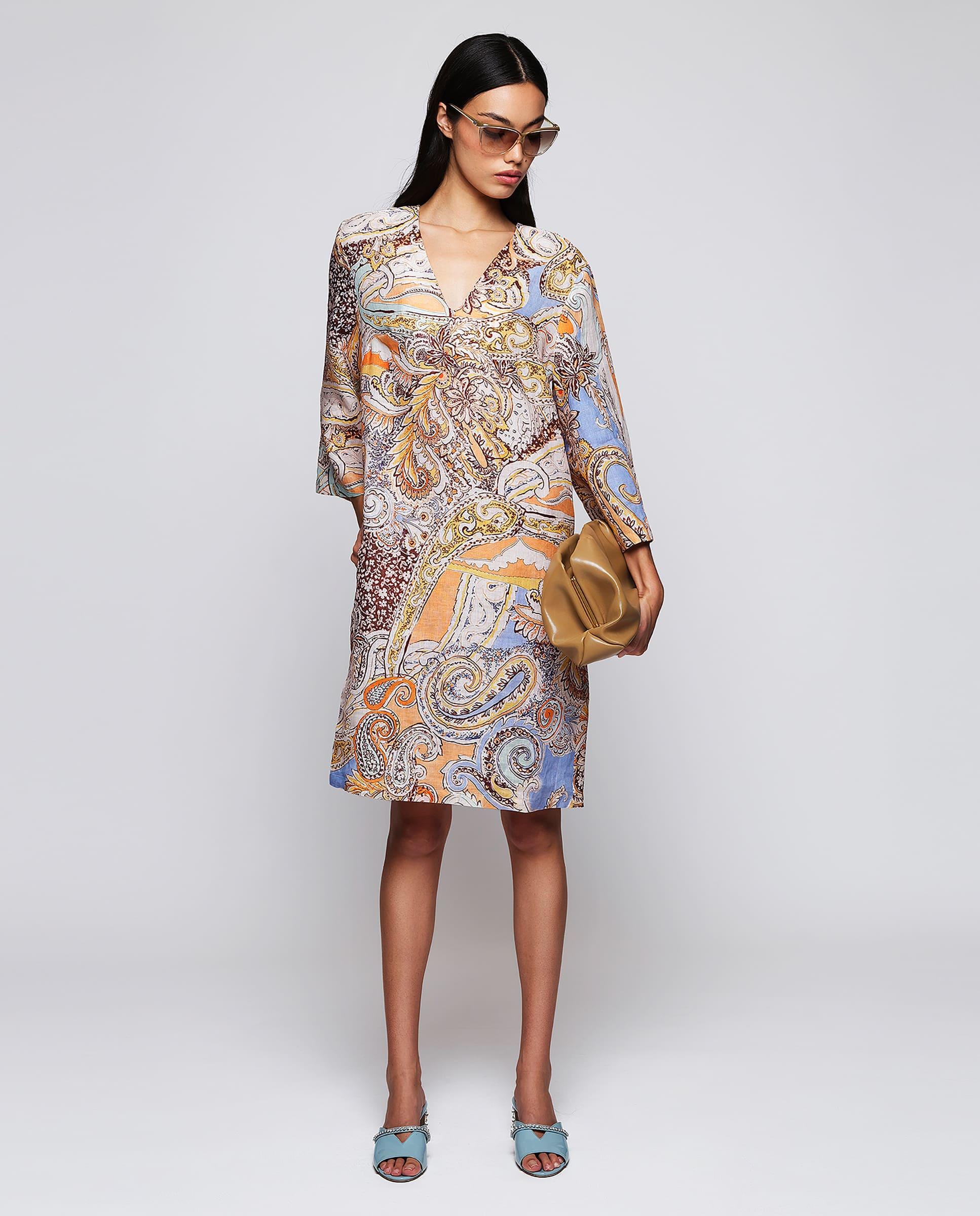Vestido Curto com Estampado Paisley de Linho Azul-marinho / Laranja-4