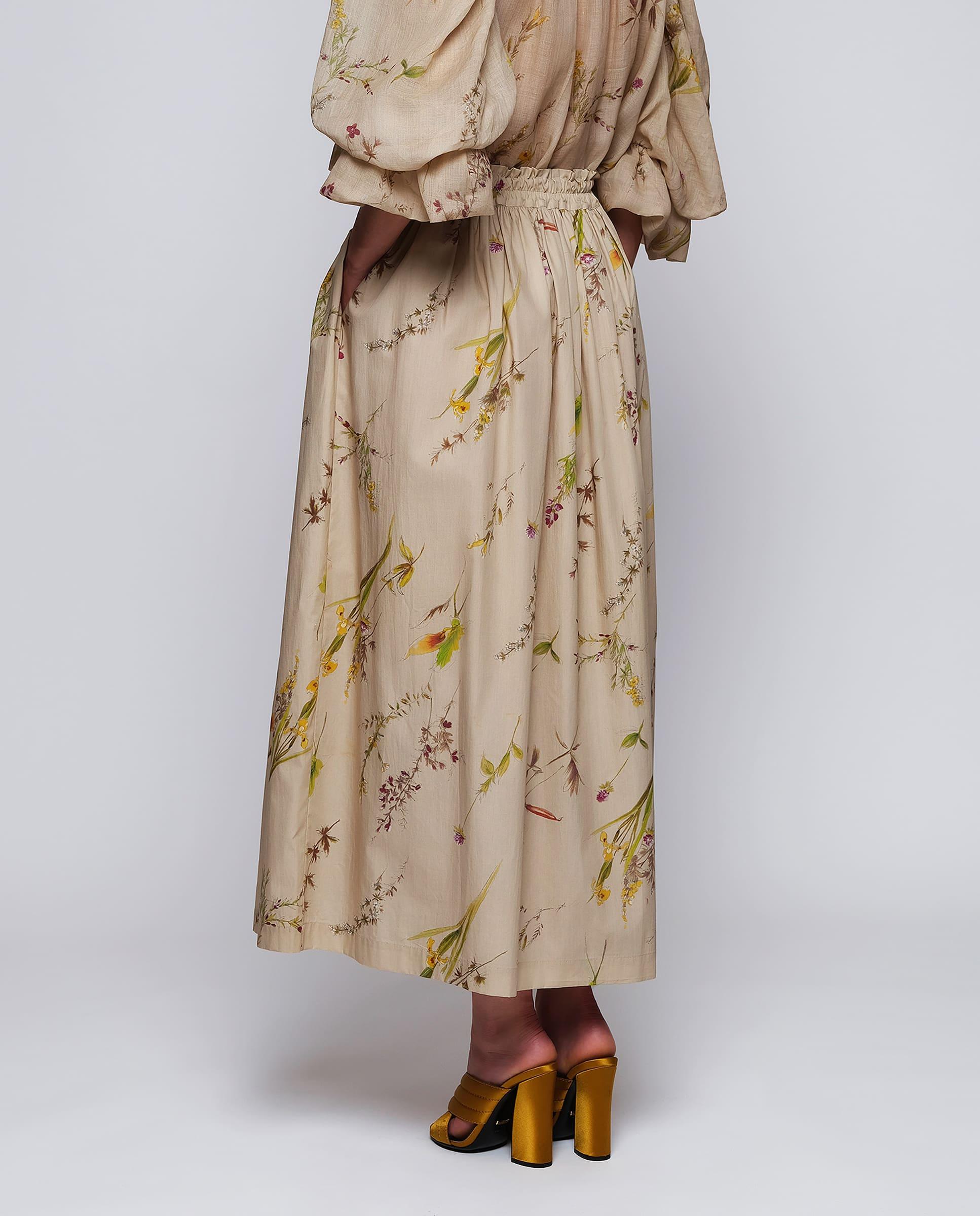Saia Midi de Algodão com Estampado Floral Bege-2