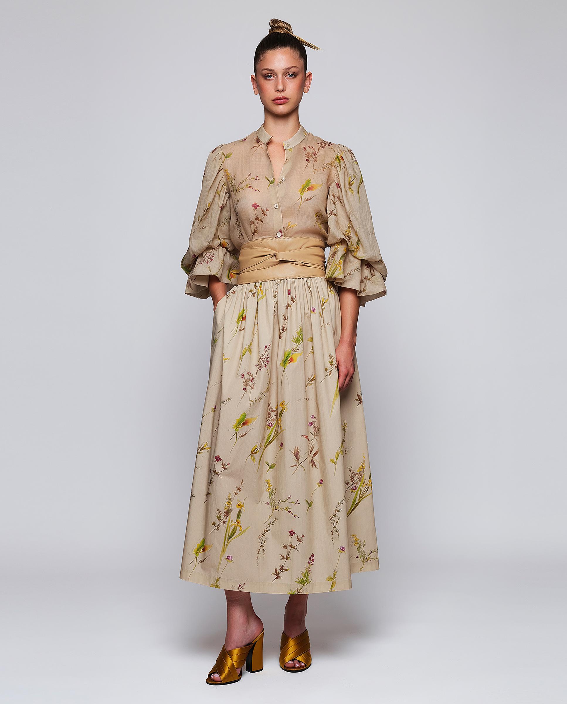 Saia Midi de Algodão com Estampado Floral Bege-4