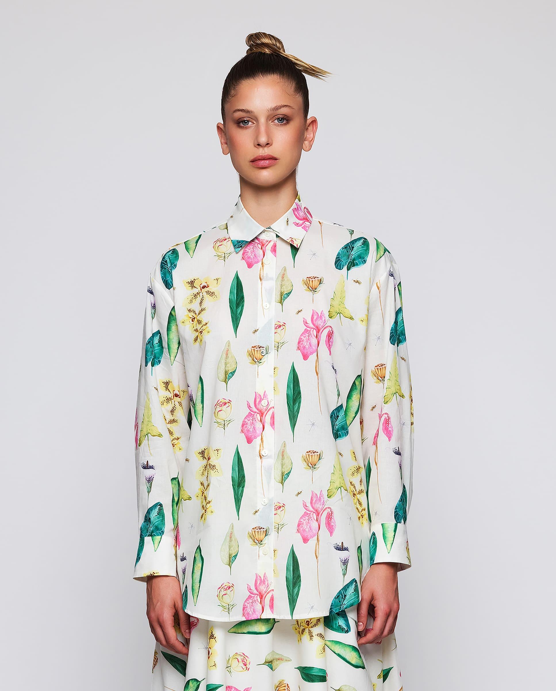 Camisa de Manga Comprida com Estampado Botânico Branco / Verde-1
