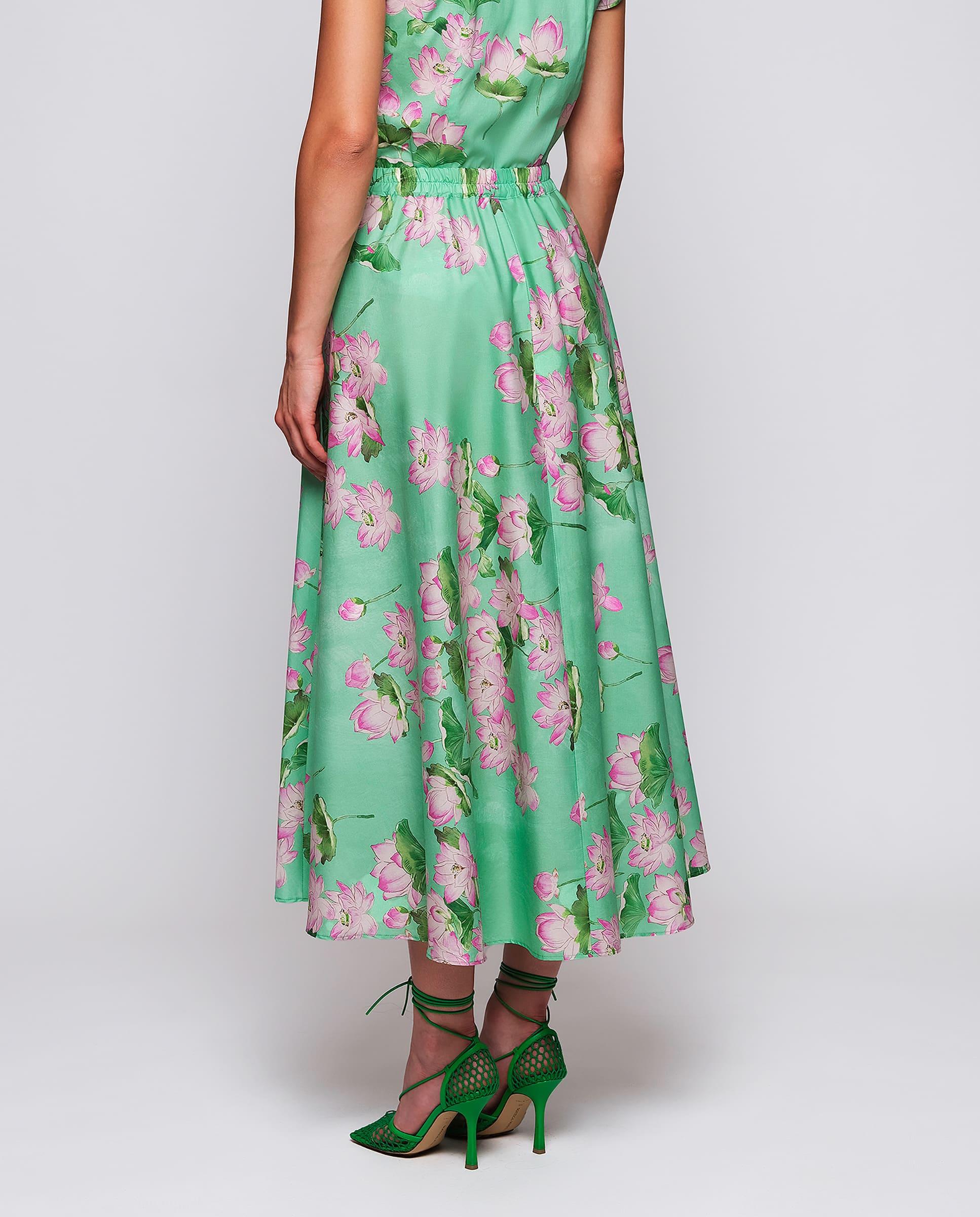 Saia Midi com Estampado Floral de Algodão Verde-2