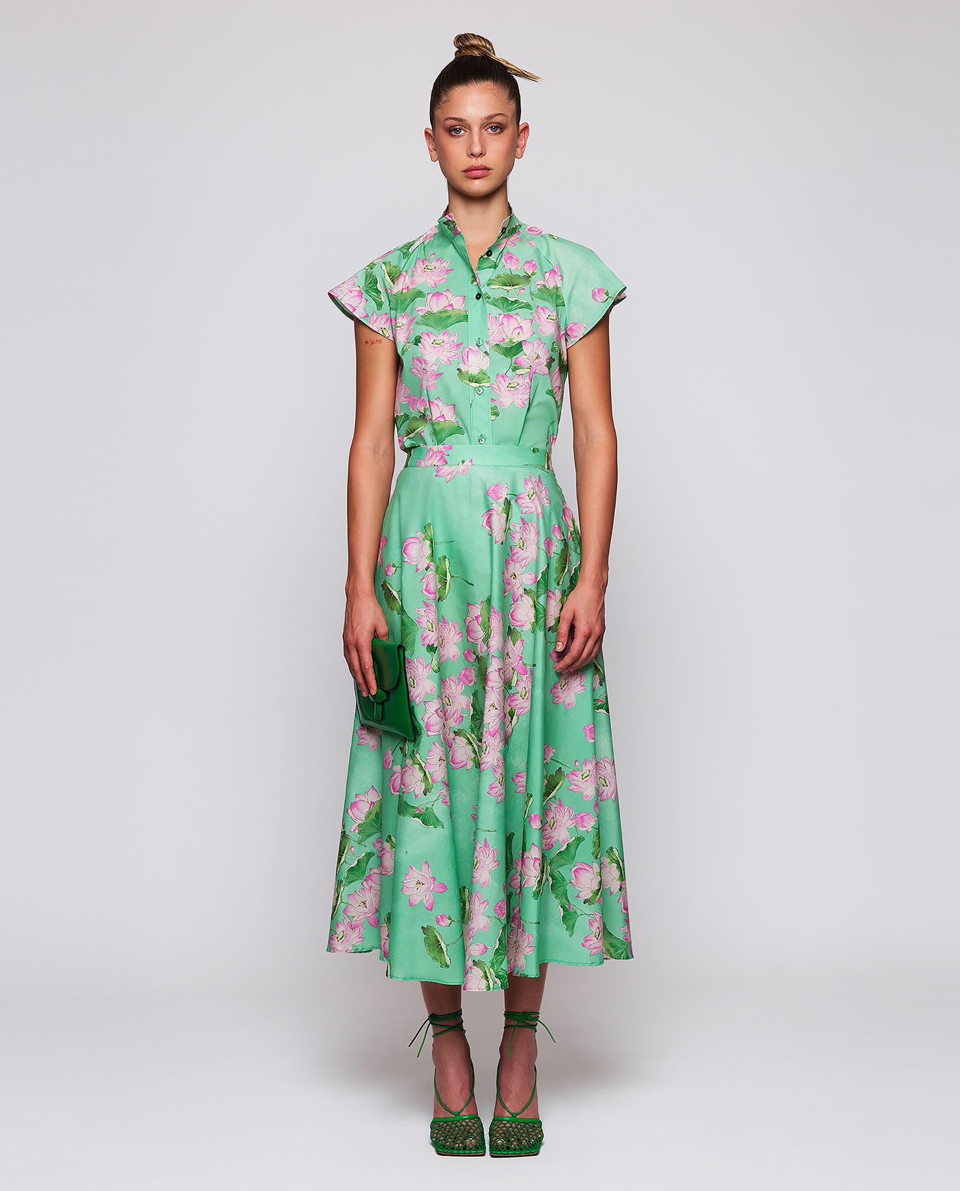 Saia Midi com Estampado Floral de Algodão Verde-3