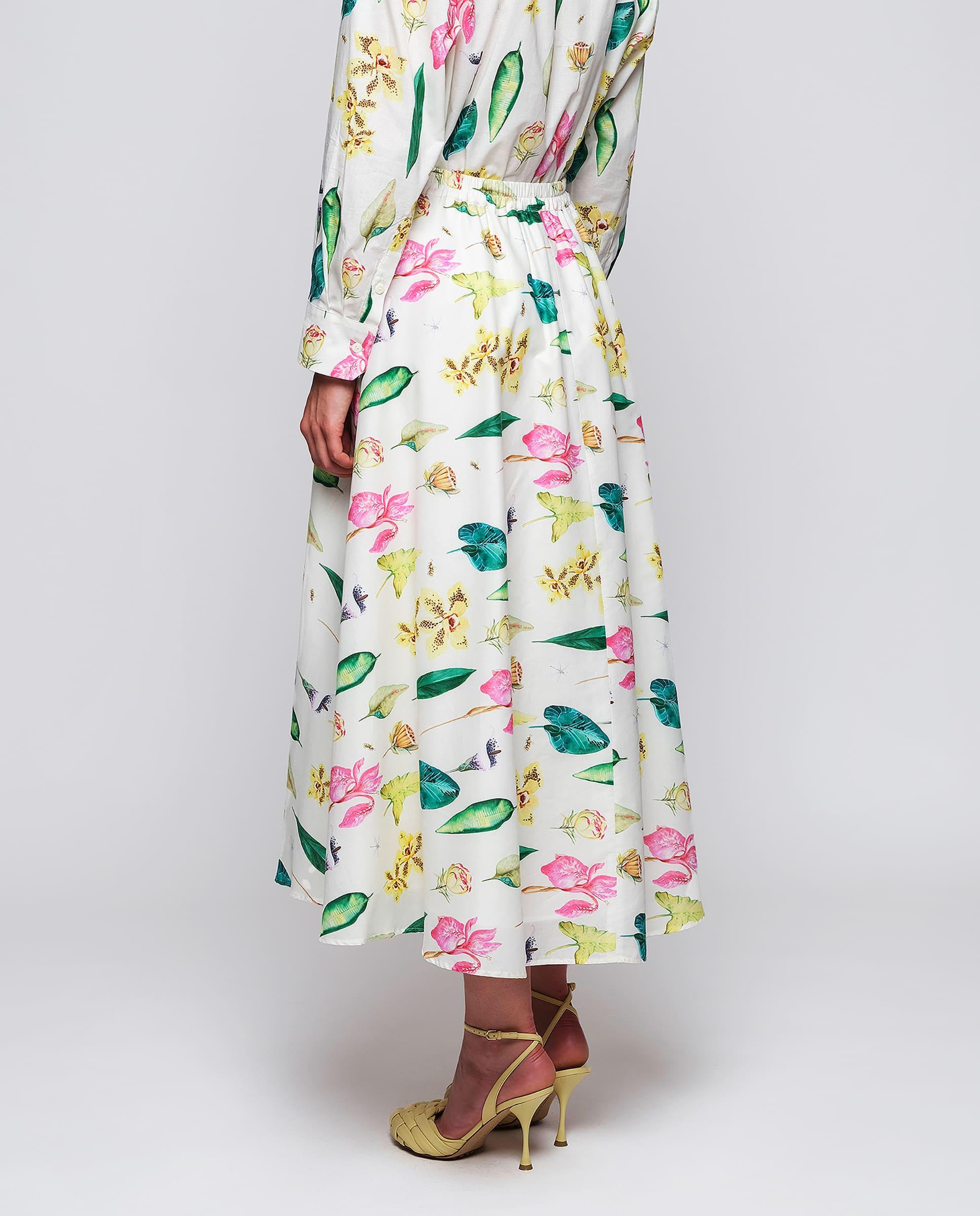 Saia Midi com Estampado Botânico de Algodão Branco / Verde-2