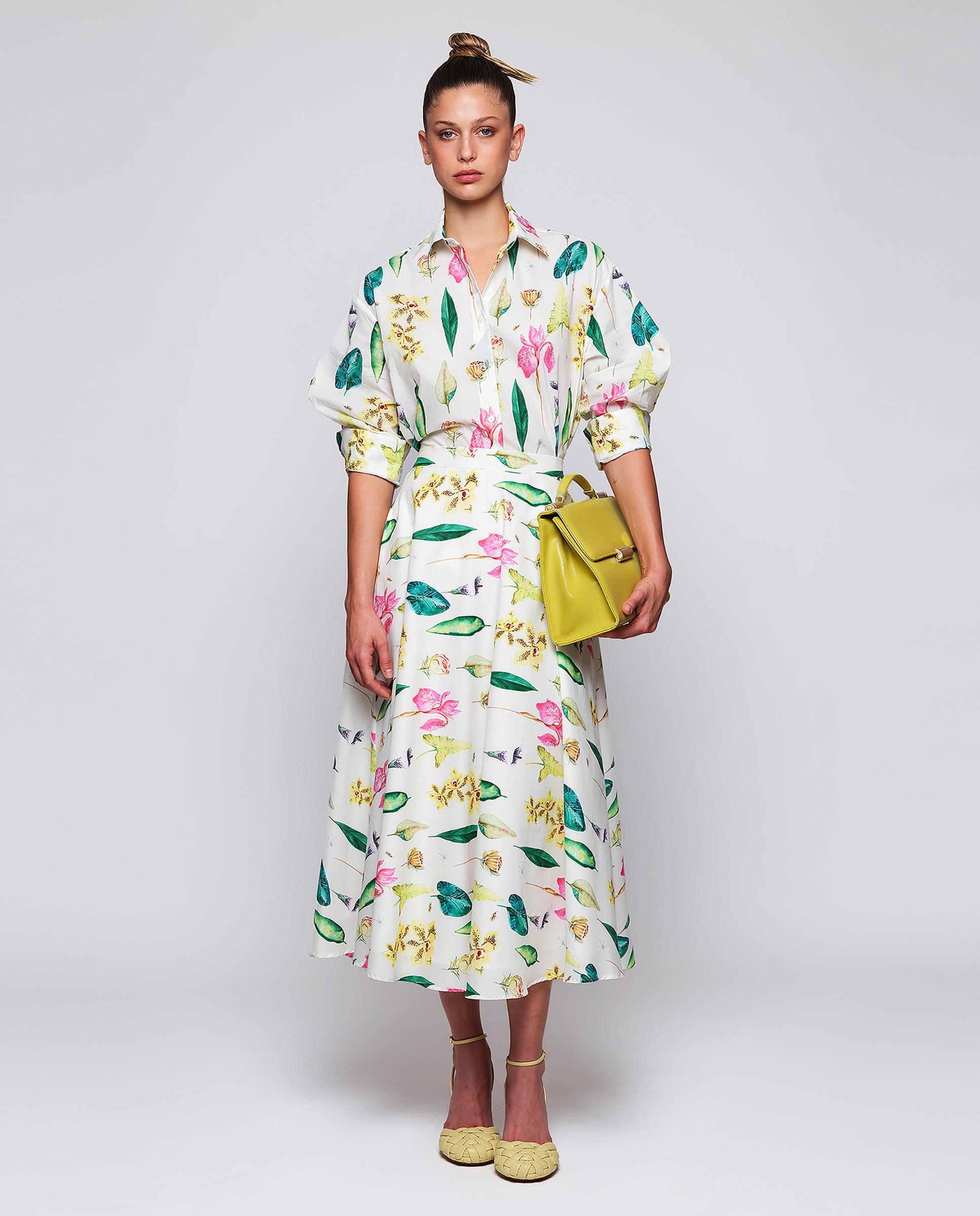 Saia Midi com Estampado Botânico de Algodão Branco / Verde-3
