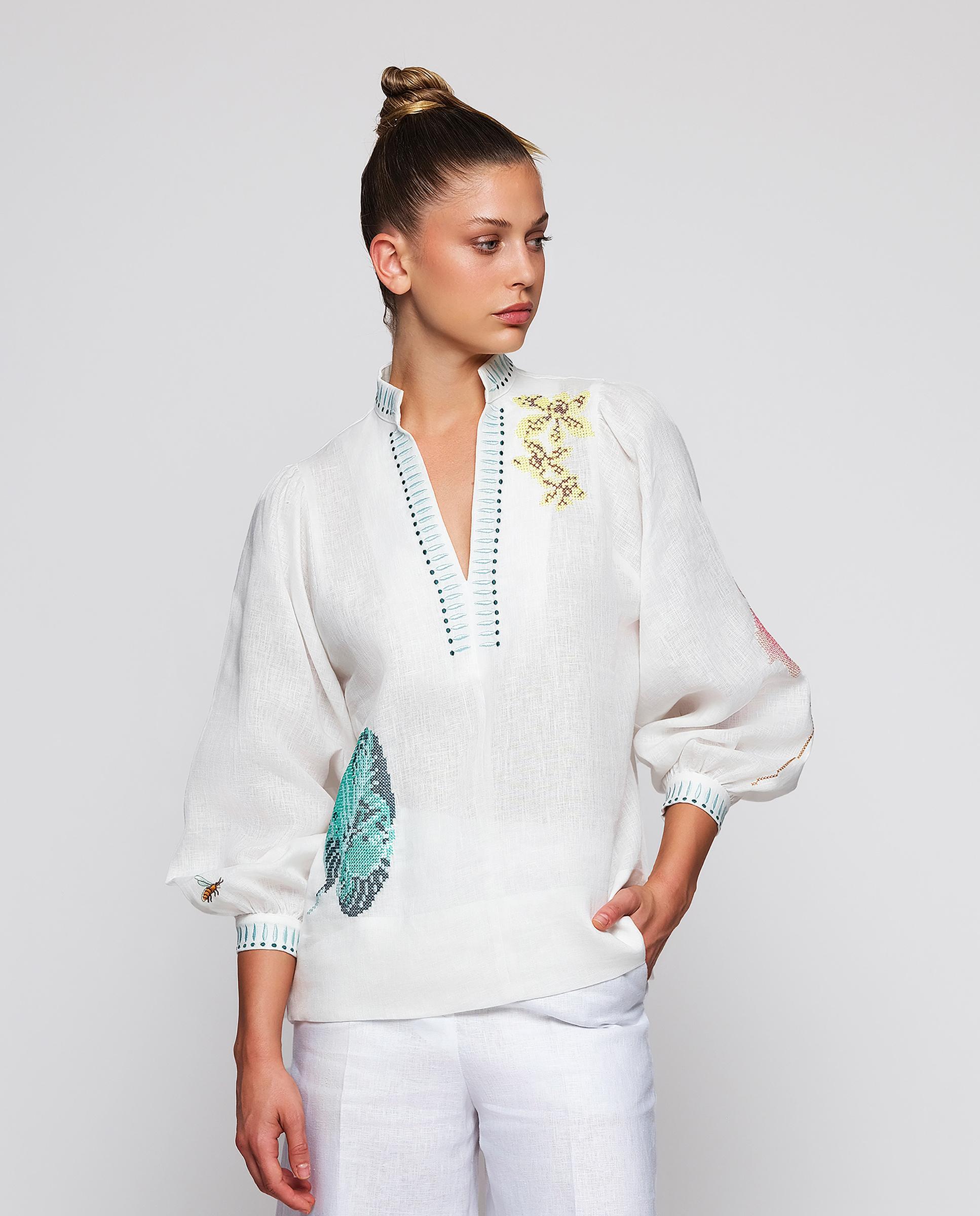 Top de Linho com Bordados Florais e Botânicos Branco-1