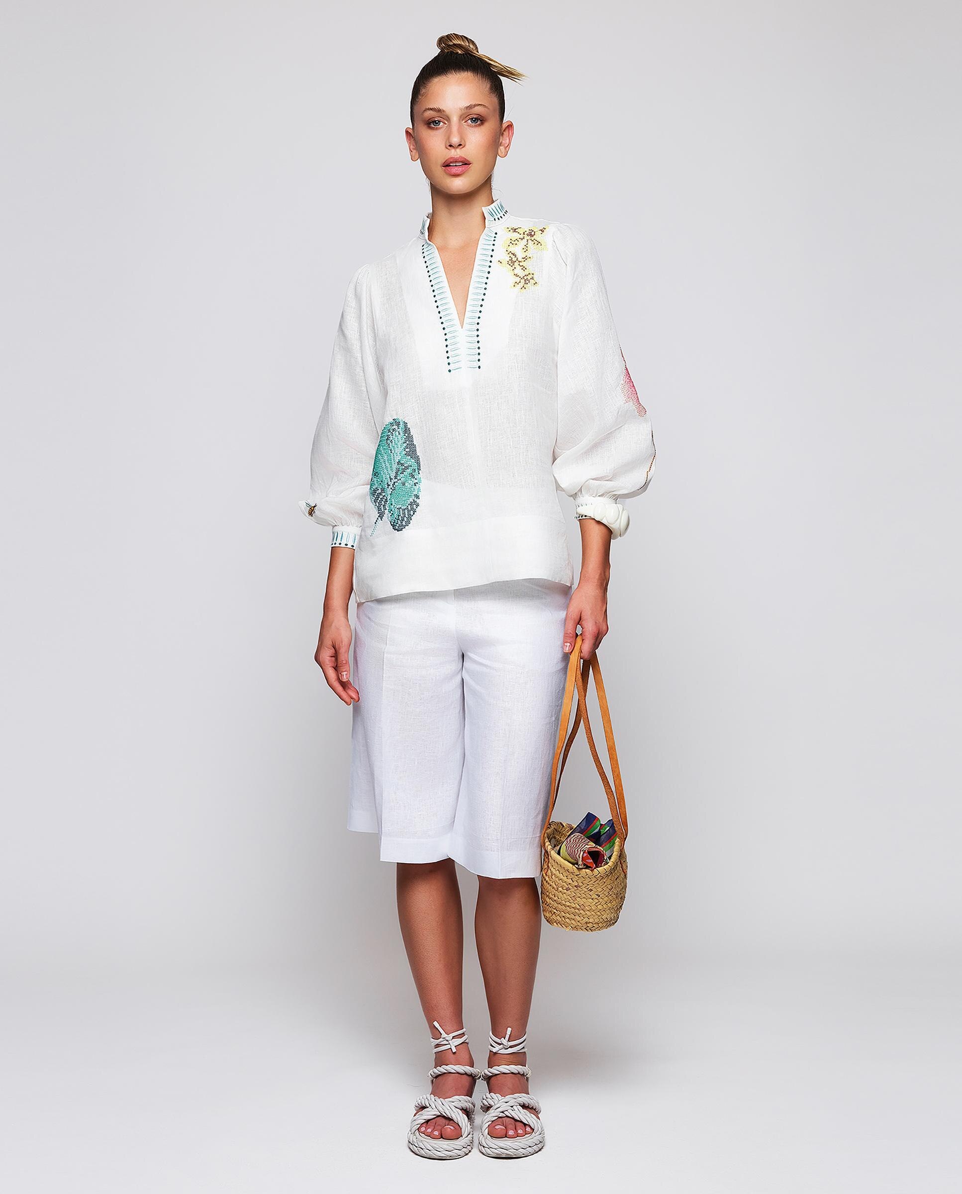 Top de Linho com Bordados Florais e Botânicos Branco-4