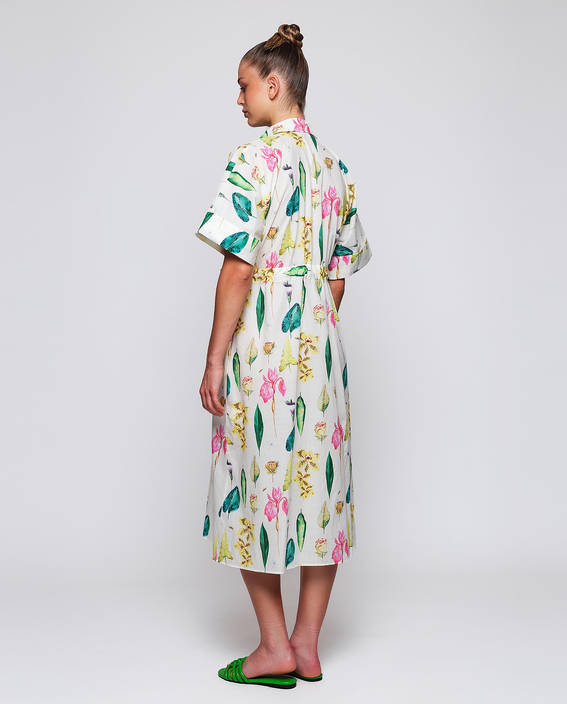 Vestido Midi com Estampado Botânico de Algodão Branco / Verde-2