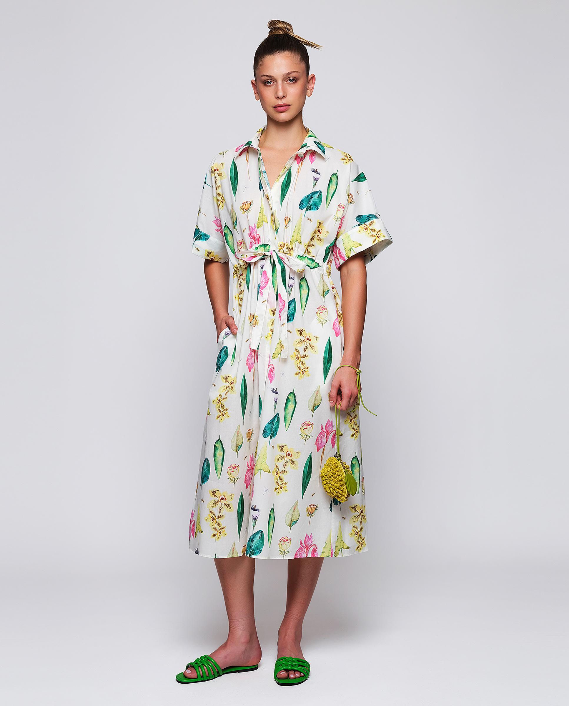 Vestido Midi com Estampado Botânico de Algodão Branco / Verde-3