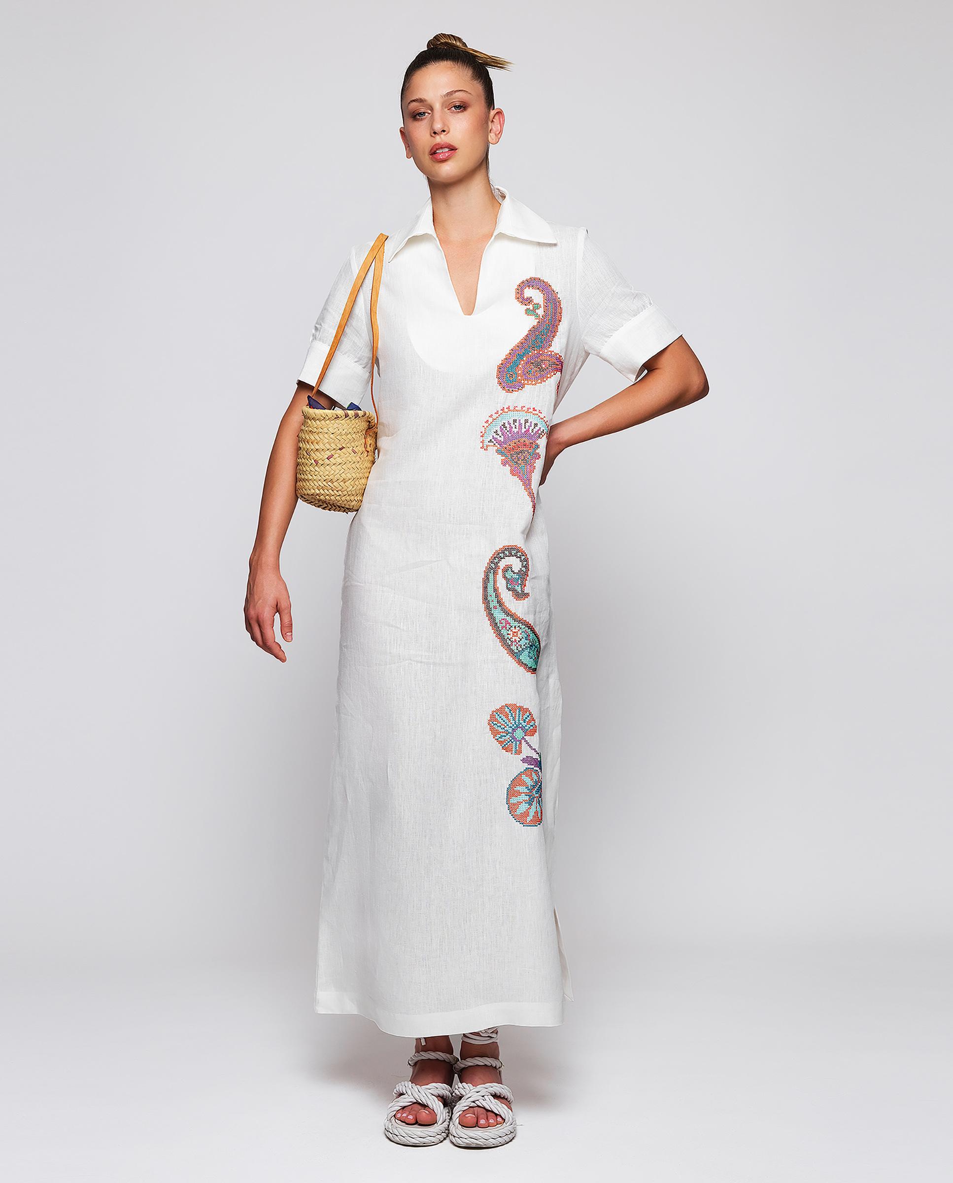 Vestido Comprido Bordado de Linho com Paisley Branco-2